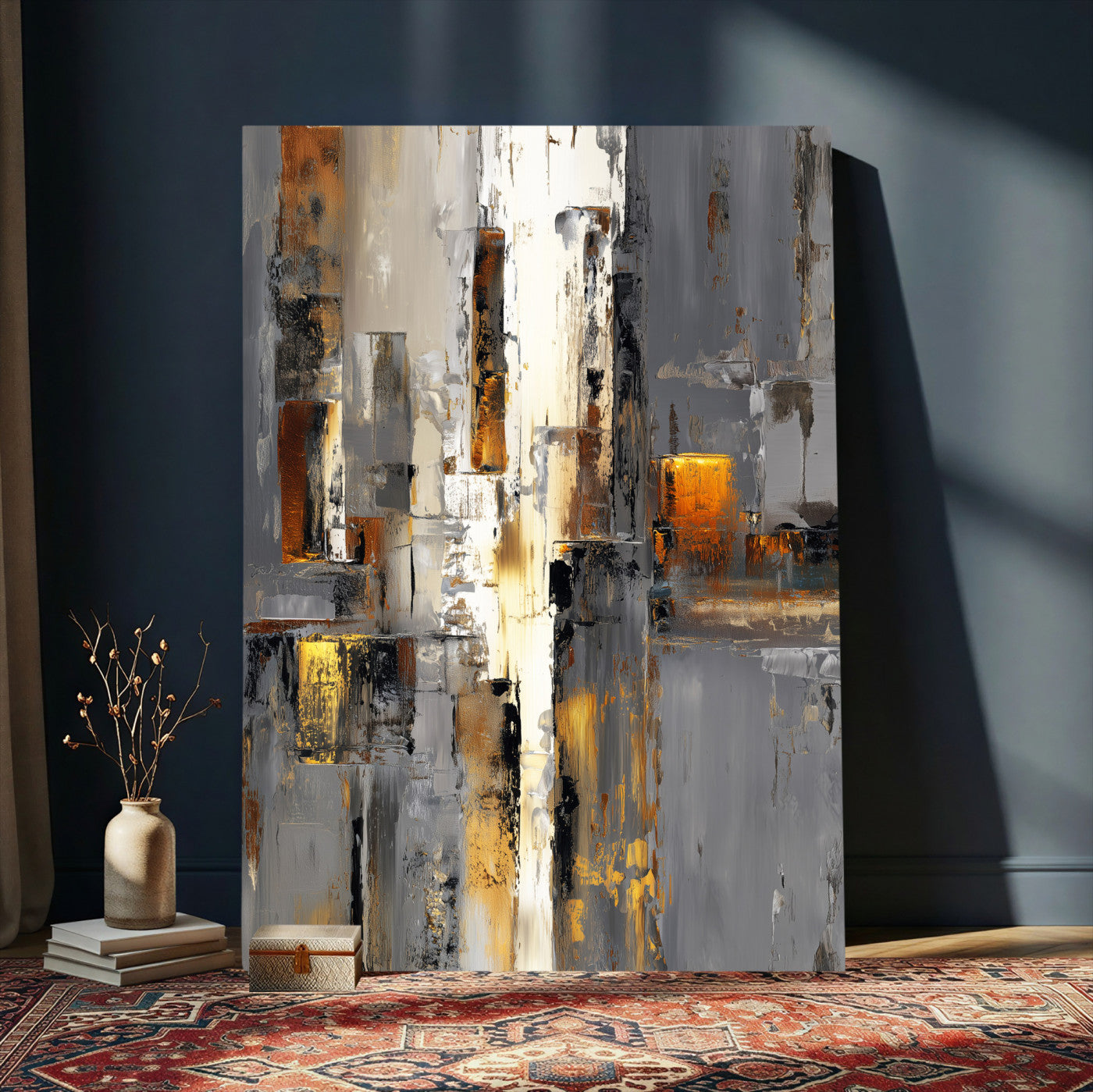 35992080-MGV-CV-24X36 - Abstract Urban Reflection Wall Art Canvas Print, Gold Black Modern Architecture Canvas Print, Contemporary Moody City Artwork for Living Room Decor