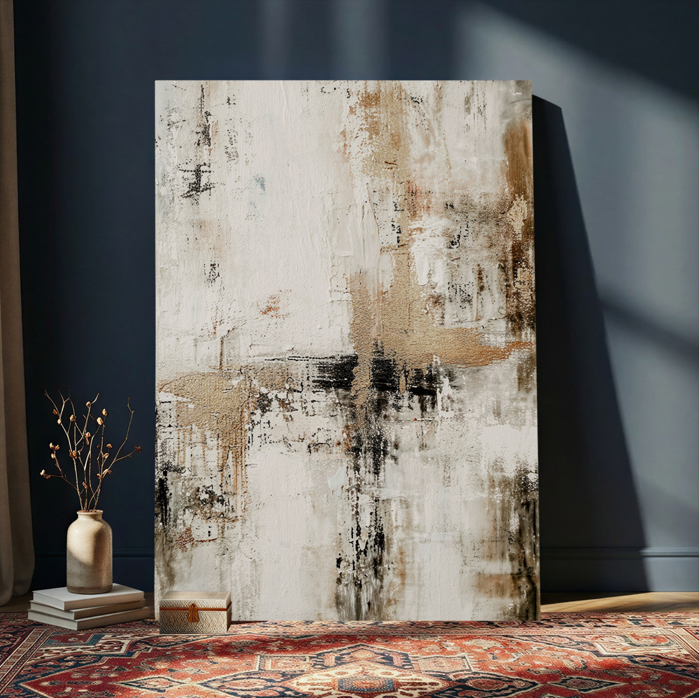 381262454-MGV-CV-24X36 - Neutral Abstract Wall Art Canvas Print, Beige Black Textured Modern Canvas Print, Minimalist Contemporary Artwork for Living Room Decor