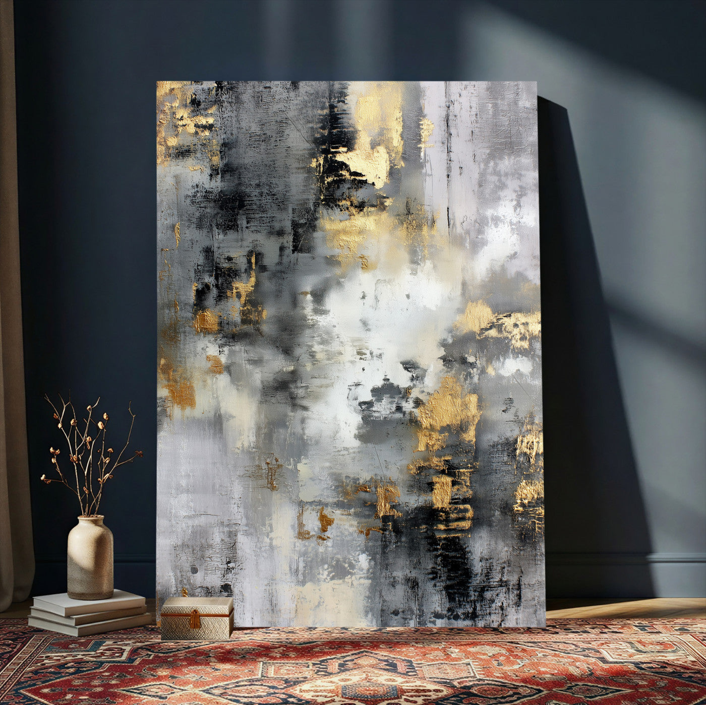 381262454543-MGV-CV-24X36 - Gray Gold Abstract Wall Art Canvas Print, Textured Modern Canvas Print, Minimalist Contemporary Artwork for Living Room Decor