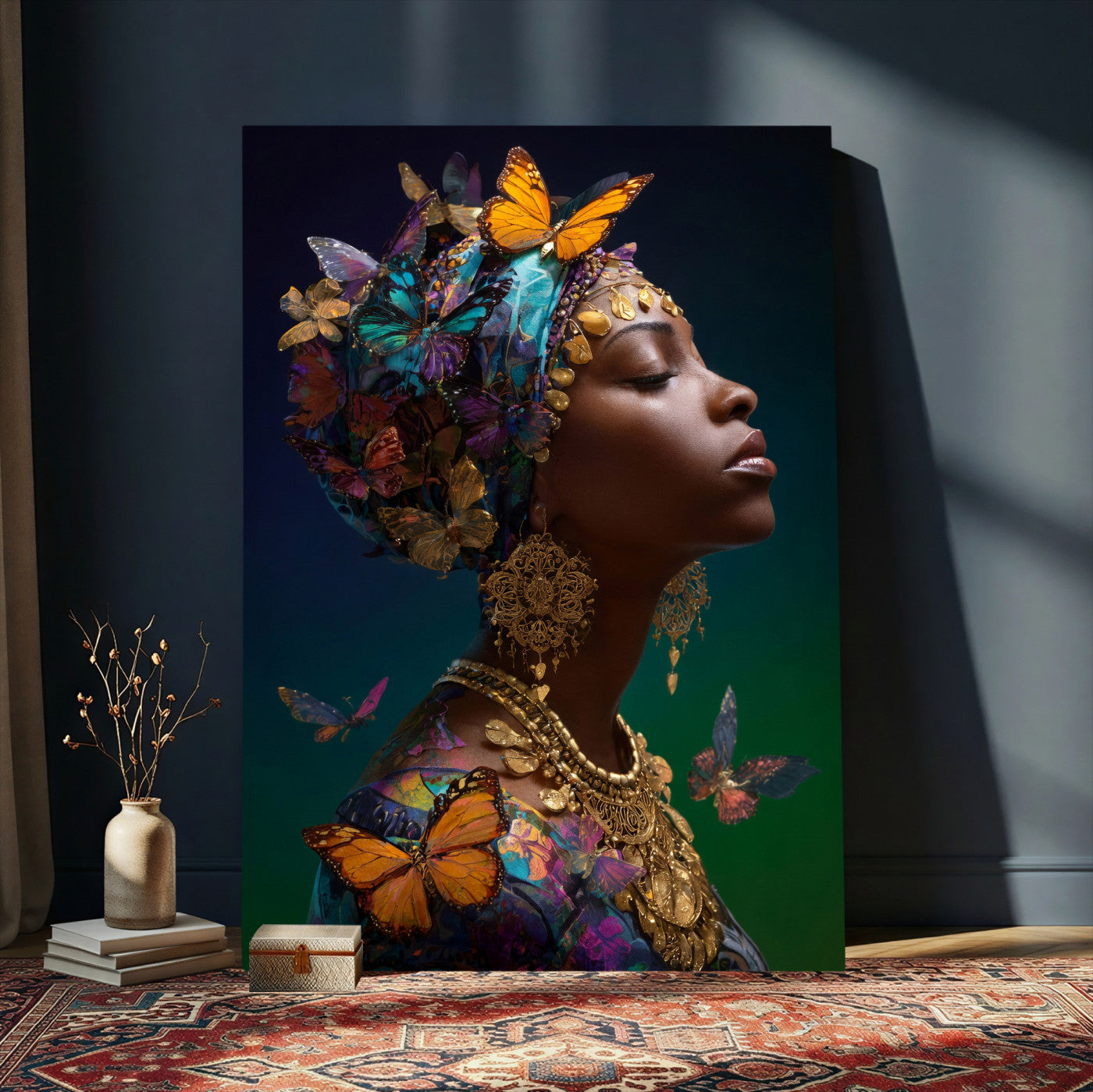 620930SZC0-MGV-CV-24X36 - Butterfly Crown Gold Woman Portrait — Monarch Queen Canvas Print | Teal Dark Fantasy Art | Boho Bedroom Wall Decor | Empowerment Gift Her