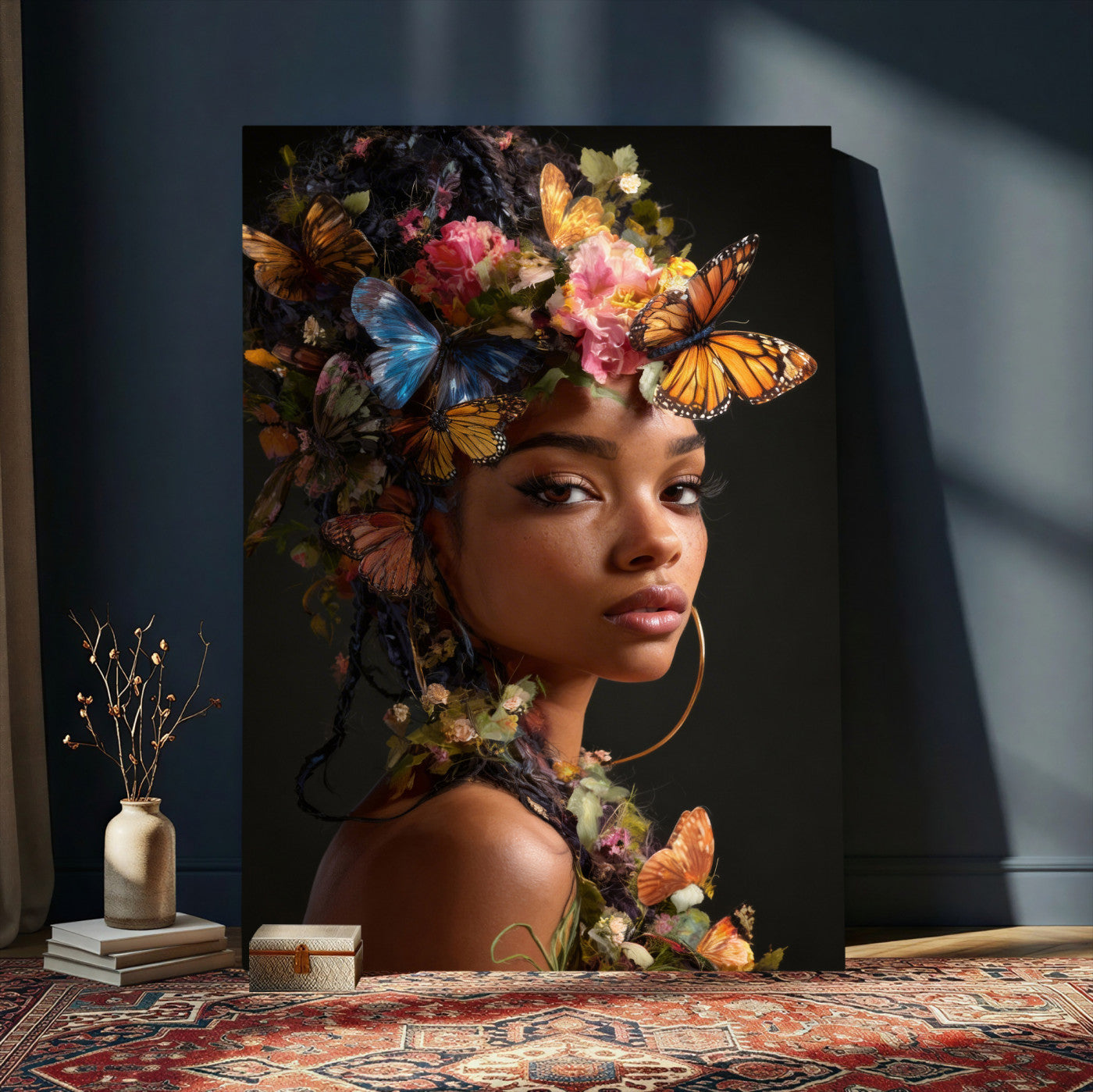 620930SZC10-MGV-CV-24X36 - Butterfly Crown Gold Woman Portrait — Monarch Queen Canvas Print | Teal Dark Fantasy Art | Boho Bedroom Wall Decor | Empowerment Gift Her