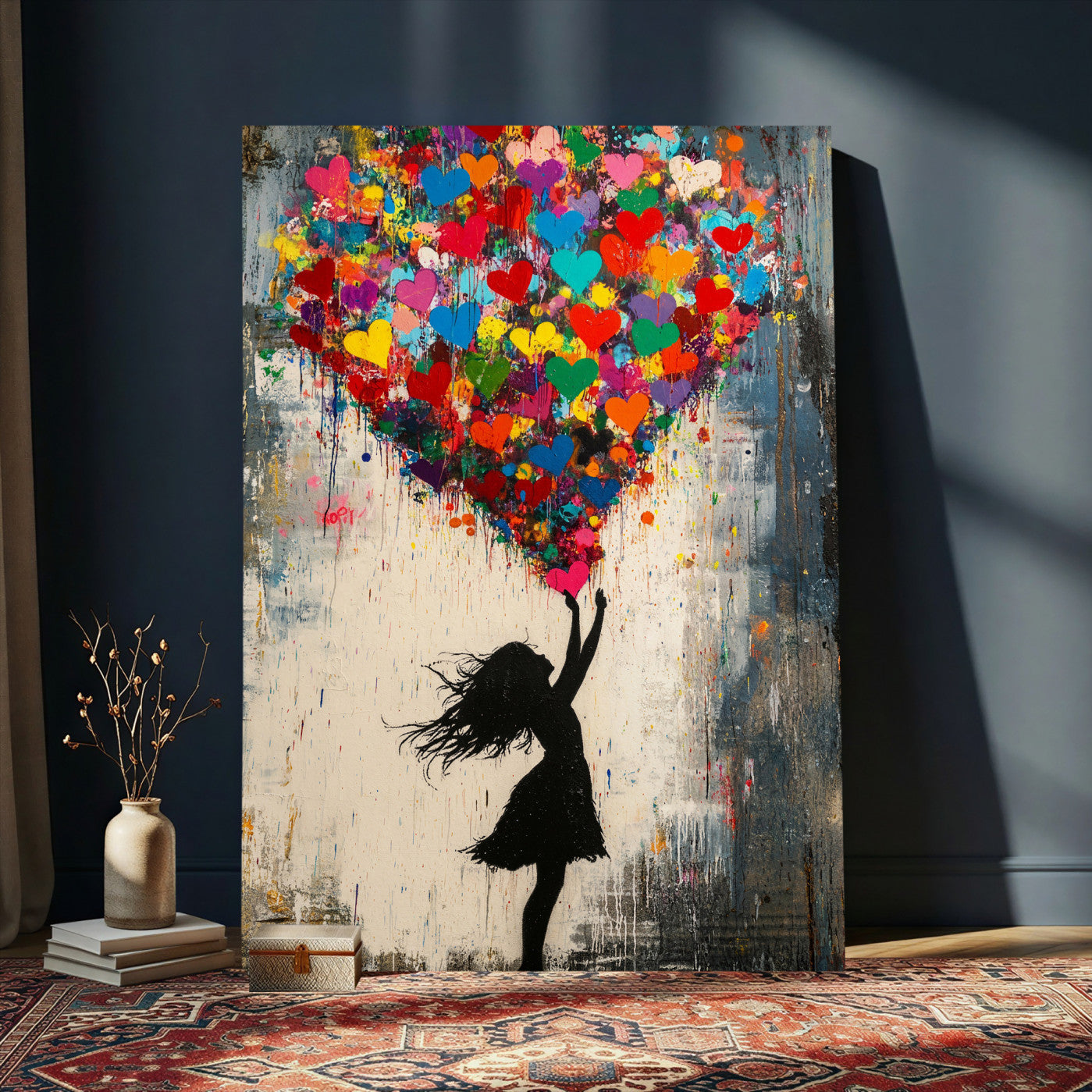 36253538-MGV-CV-24X36 - Banksy Street Art Canvas Wall Art, Girl Heart Balloons Banksy Style Print, Colorful Graffiti Love Decor, Urban Pop Art, Kids Room Inspirational Wall Art