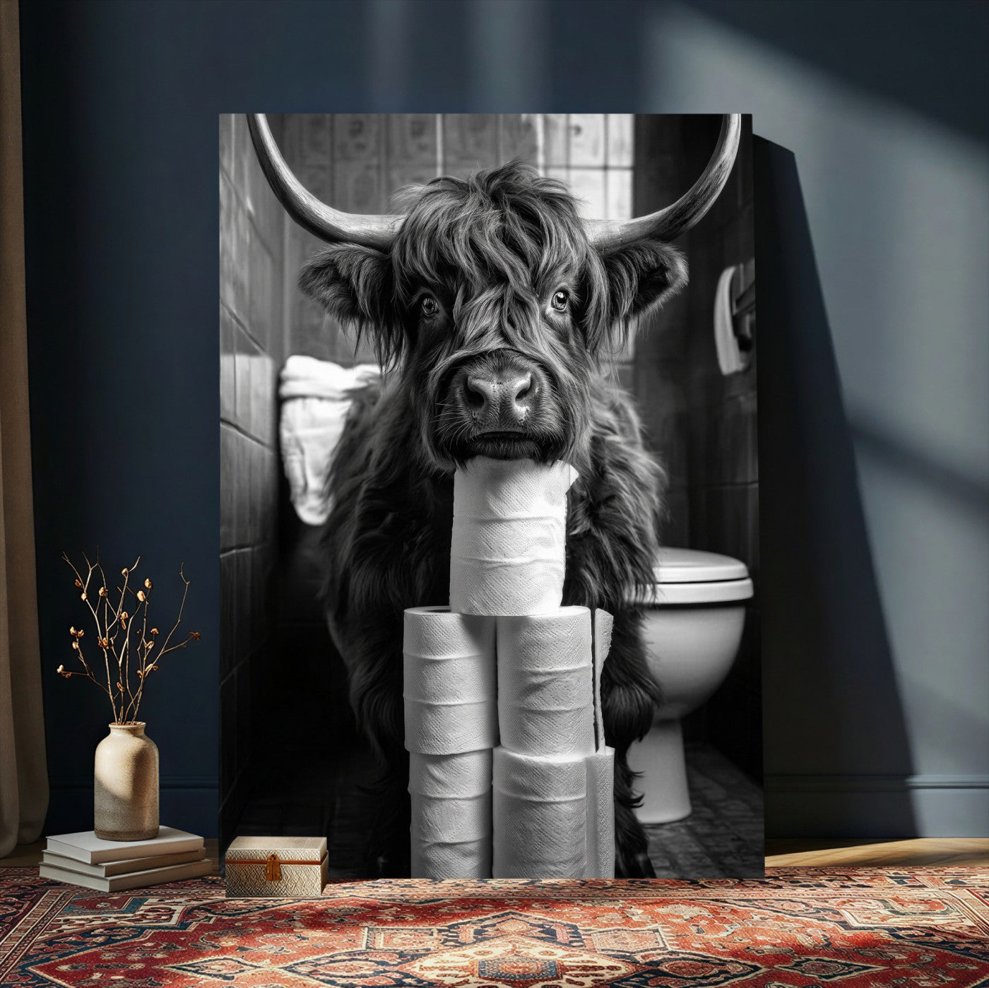 95909209-MGV-CV-24X36 - Highland Cow Toilet Paper Canvas Wall Art, Funny Bathroom Black White Print, Cute Animal Humor Decor, Quirky Farmhouse Bathroom Art, Cow Lover Gift