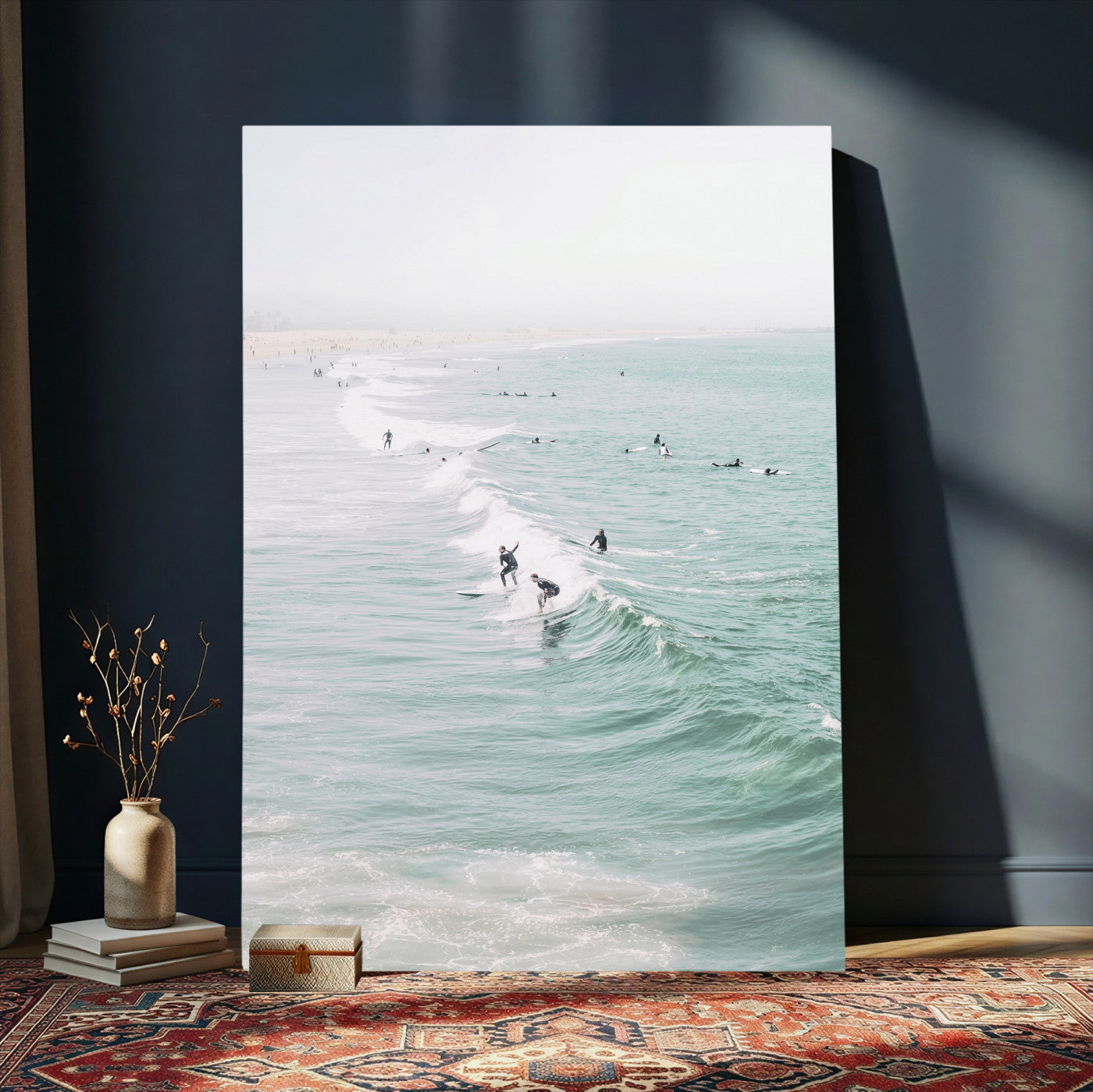 58043762-MGV-CV-24X36 - Surfers on Waves Canvas Wall Art, Aerial Ocean Photography Print, Mint Green Surf Decor, California Beach House Art, Coastal Sports Wall Decor