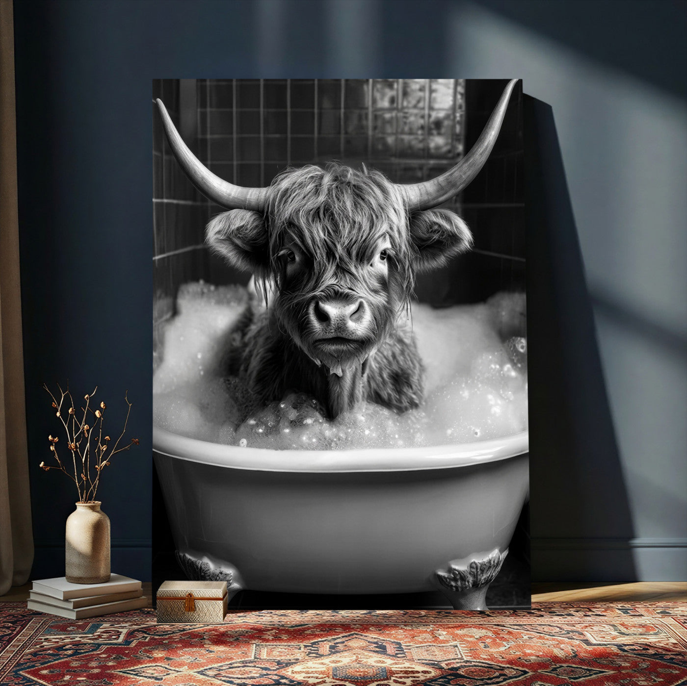44020264-MGV-CV-24X36 - Highland Cow Bathtub Canvas Wall Art, Funny Bathroom Print Black White, Grumpy Cow Bubble Bath Decor, Animal Bathroom Art, Farmhouse Humor Print, Cute Cow Gift