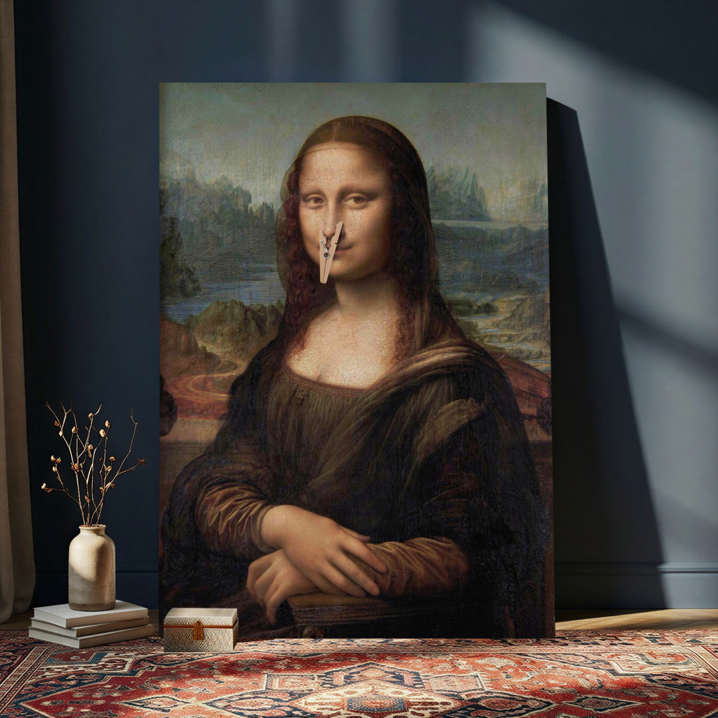 59125950-MGV-CV-24X36 - Funny Bathroom Canvas Wall Art Print, Mona Lisa Clothespin Nose Humor Decor, Classic Art Parody, Toilet Room Wall Art, Quirky Housewarming Gift, Eclectic Home Decor