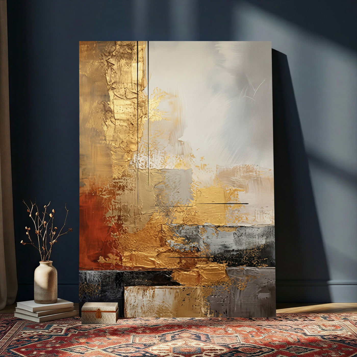 98453723G-MGV-CV-24X36 - Gold Abstract Canvas Wall Art, Luxury Textured Style Gold Leaf Painting Print, Modern Glam Decor, Gold Grey Rust Abstract Art, Living Room Statement Art