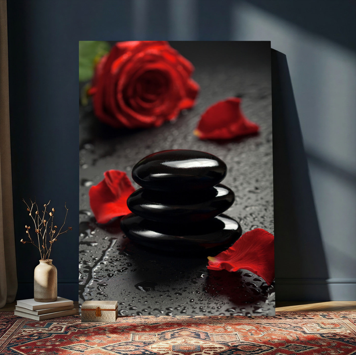 37334763-MGV-CV-24X36 - Black Lava Stone Rose Canvas | Red Rose Spa Photography Print | Stacked Stones Dark Luxury Wall Art | Dramatic Bathroom Decor