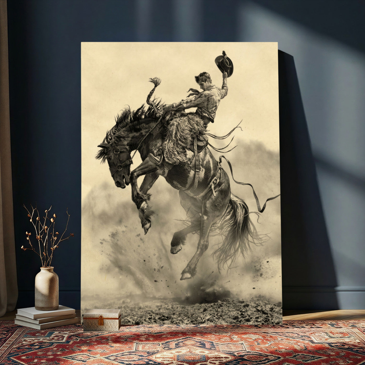 94461975-MGV-CV-24X36 - Vintage Cowboy Wall Art Canvas Print, Western Horse Rider Decor