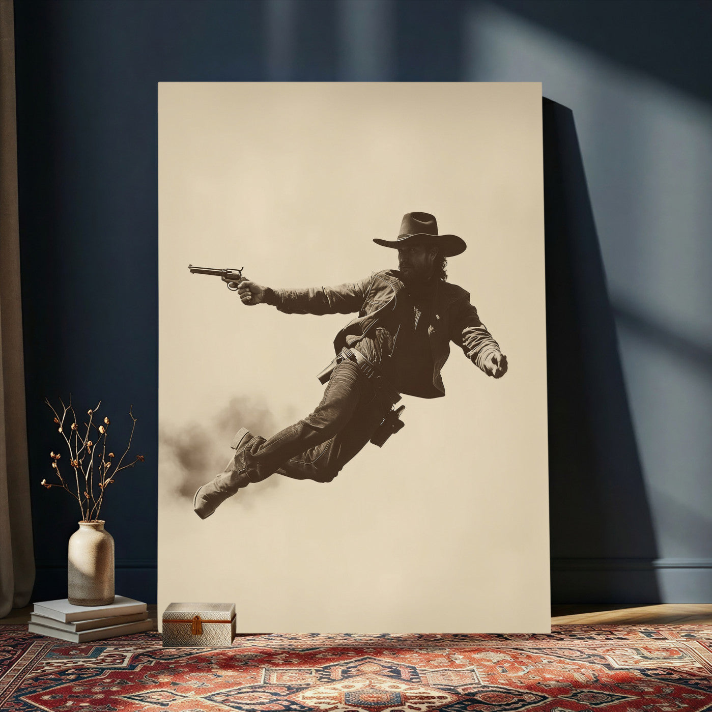 11948430CW-MGV-CV-24X36 - Cowboy Canvas Wall Art, Western Gunslinger Sepia Photo Print, Vintage Rustic Man Cave Decor, Wild West Cinematic Art, Living Room Wall Art