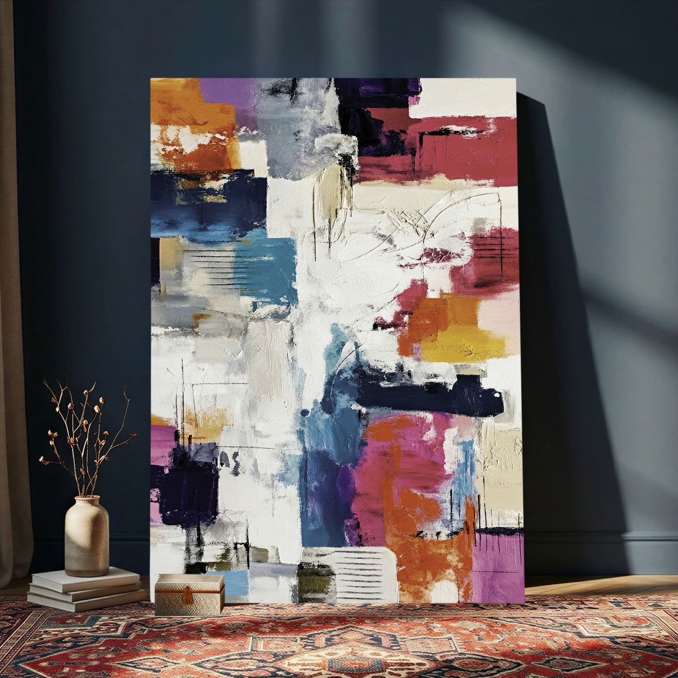 83175929-MGV-CV-24X36 - Blue Teal Abstract Canvas Wall Art, Modern Textured Painting Print, Navy Orange White Contemporary Art, Neutral Living Room Decor, Office Art