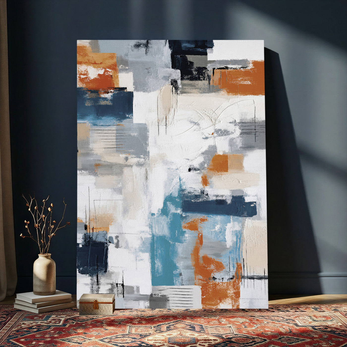 39825760-MGV-CV-24X36 - Blue Teal Abstract Canvas Wall Art, Modern Textured Painting Print, Navy Orange White Contemporary Art, Neutral Living Room Decor, Office Art