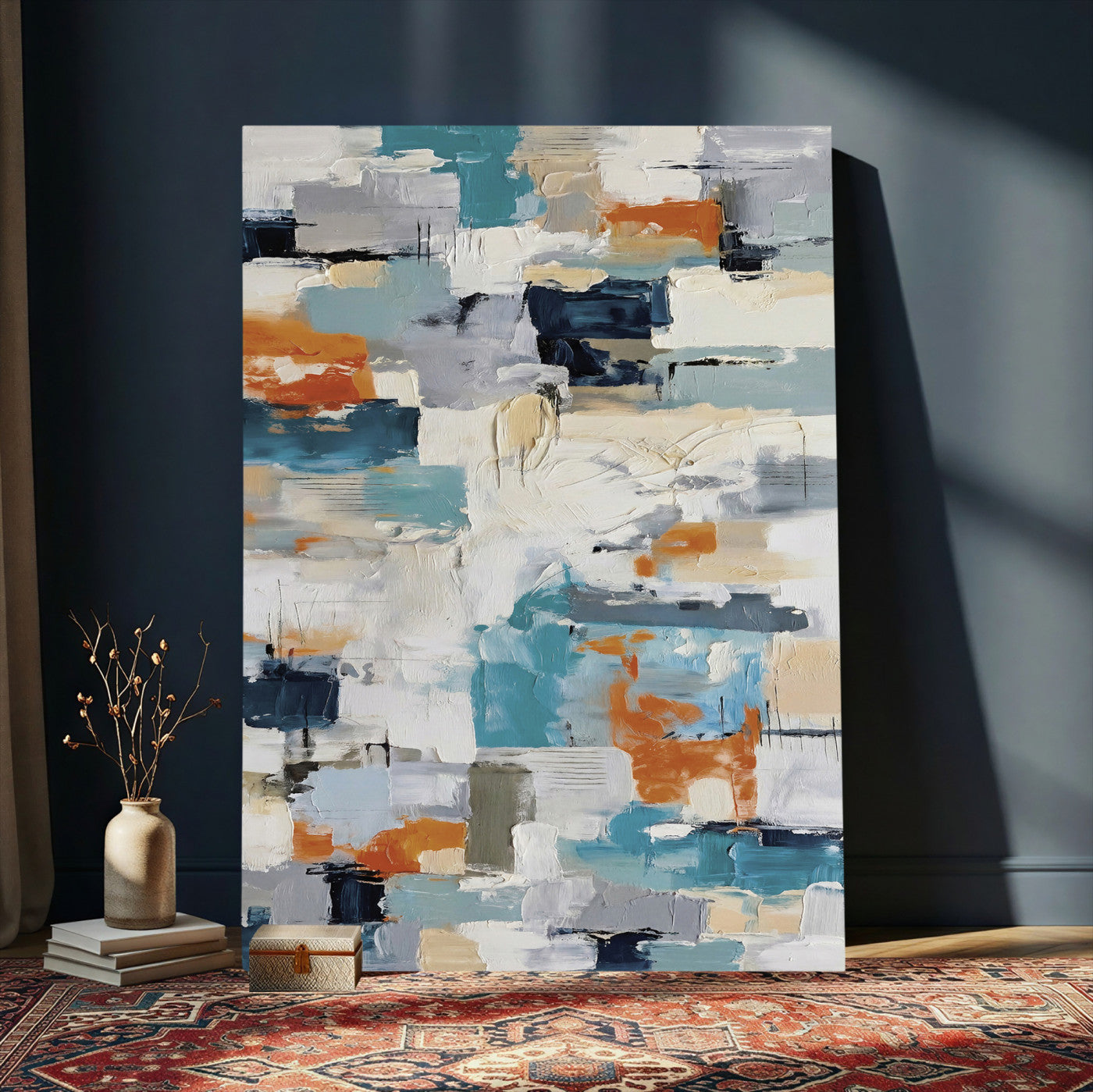 74742966-MGV-CV-24X36 - Blue Teal Abstract Canvas Wall Art, Modern Textured Painting Print, Navy Orange White Contemporary Art, Neutral Living Room Decor, Office Art