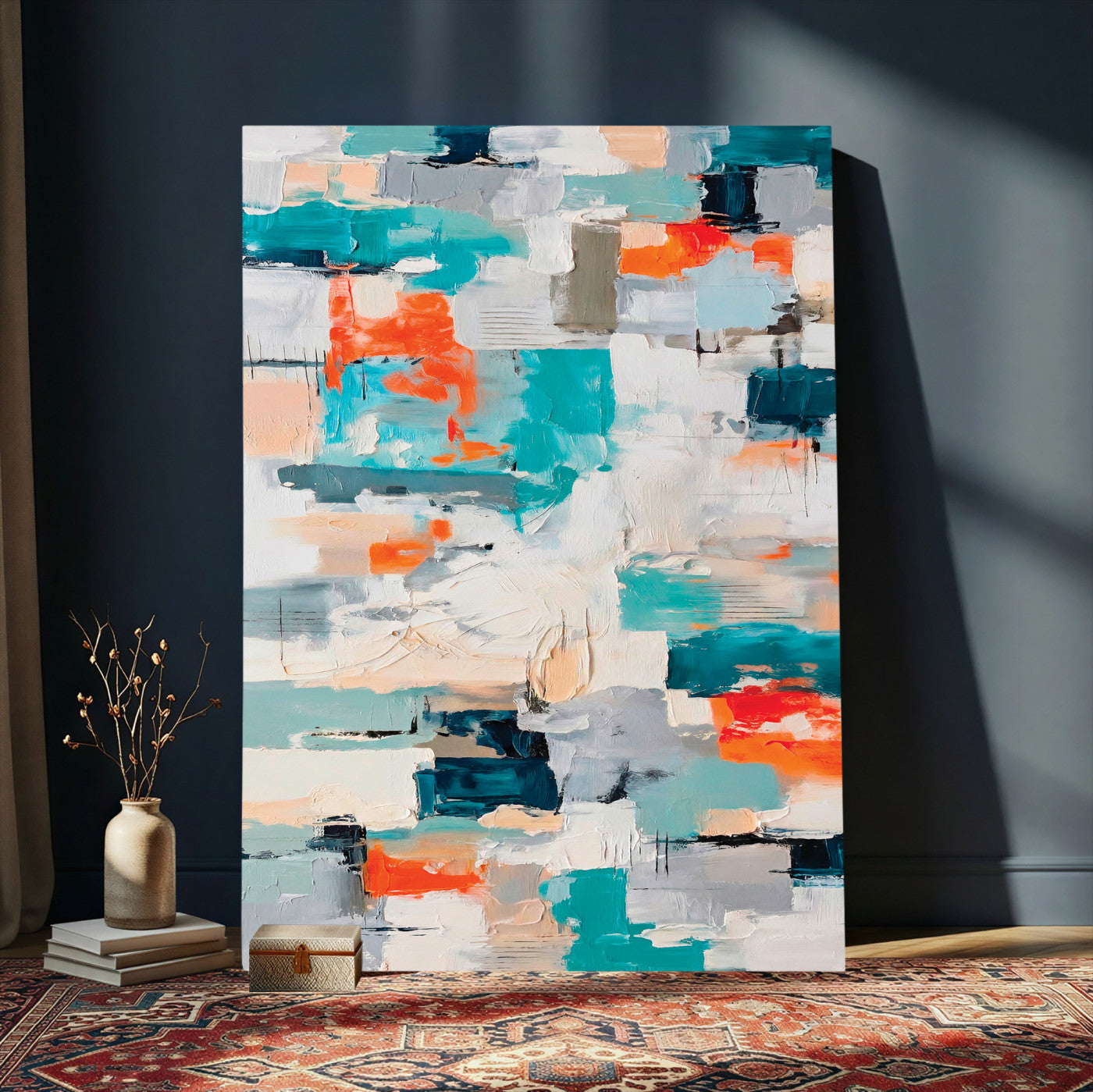 74742966-MGV-CV-24X36 - Blue Teal Abstract Canvas Wall Art - Modern Textured Painting Print, Navy Orange White Contemporary Art, Neutral Living Room Decor, Office Art