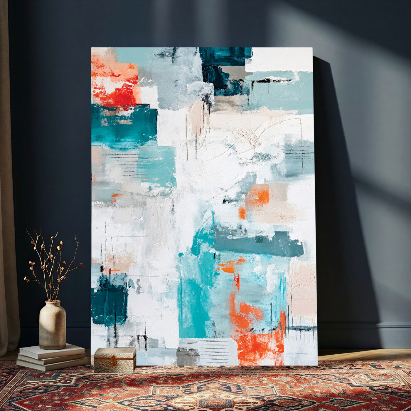 47011485-MGV-CV-24X36 - Blue Teal Abstract Canvas Wall Art, Modern Textured Painting Print, Navy Orange White Contemporary Art, Neutral Living Room Decor, Office Art