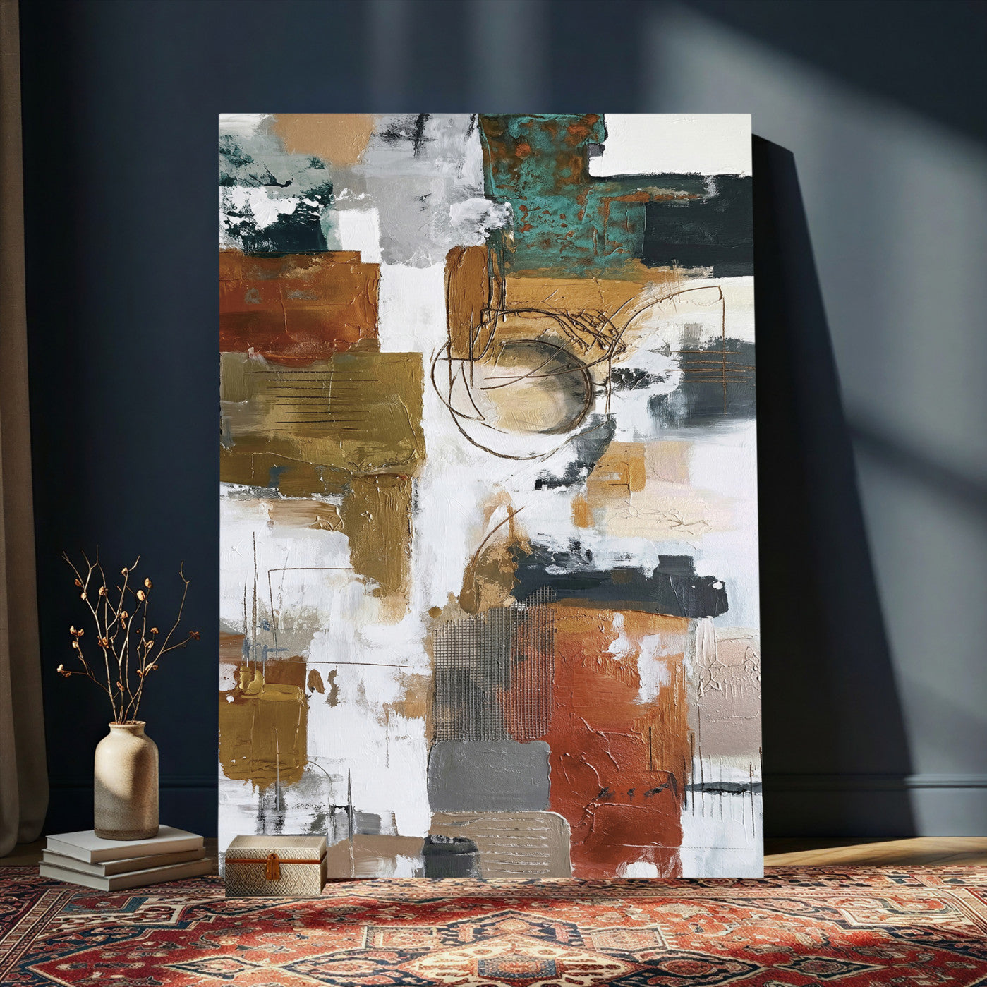 71530836-MGV-CV-24X36 - Blue Teal Abstract Canvas Wall Art, Modern Textured Painting Print, Navy Orange White Contemporary Art, Neutral Living Room Decor, Office Art