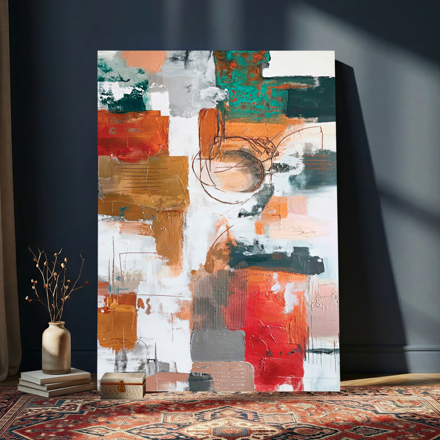 71530836-MGV-CV-24X36 - Blue Teal Abstract Canvas Wall Art | Modern Textured Painting Print, Navy Orange White Contemporary Art, Neutral Living Room Decor, Office Art