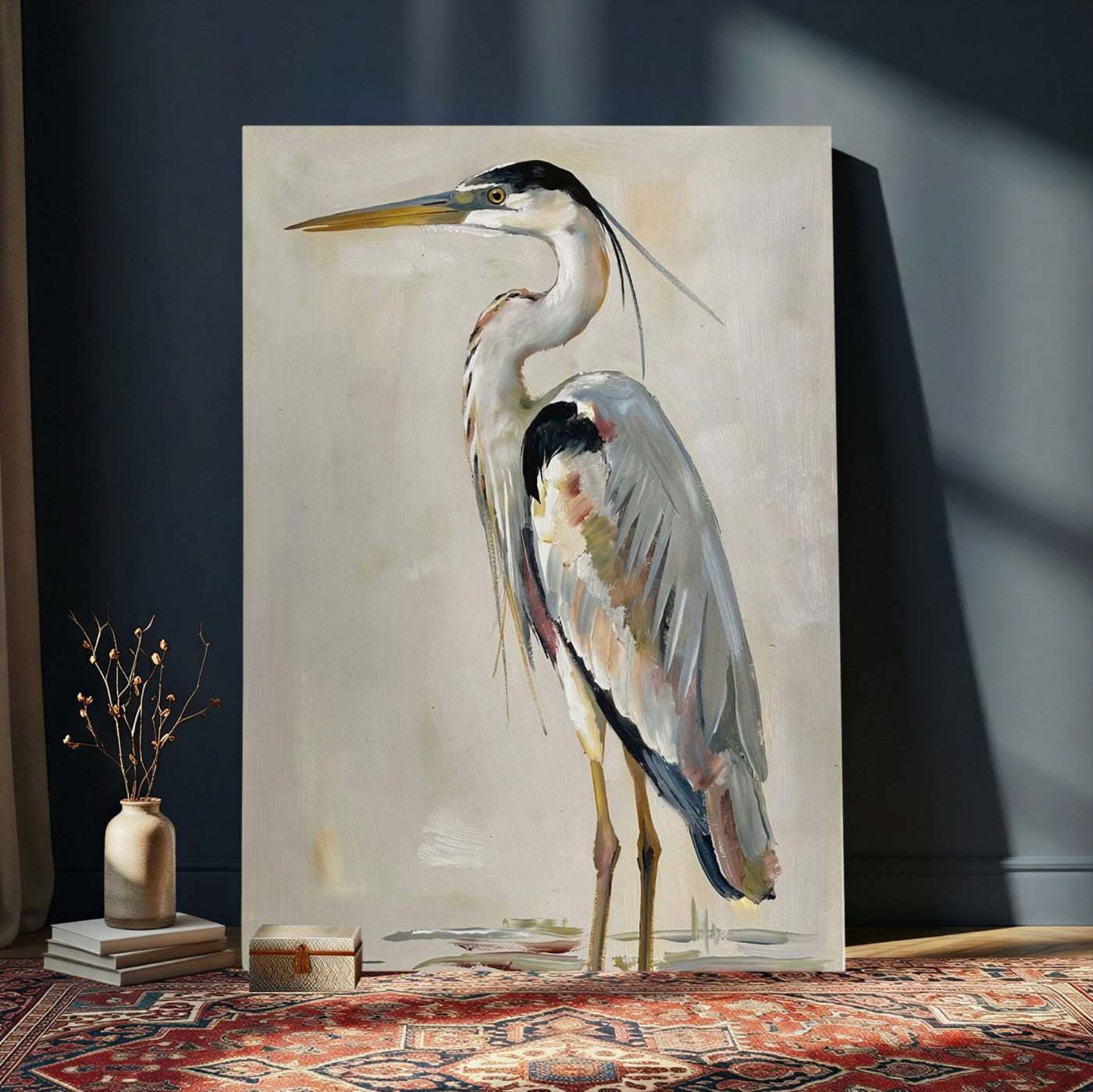 66936694-MGV-CV-24X36 - Great Blue Heron Canvas Wall Art Coastal Bird Oil Painting Print