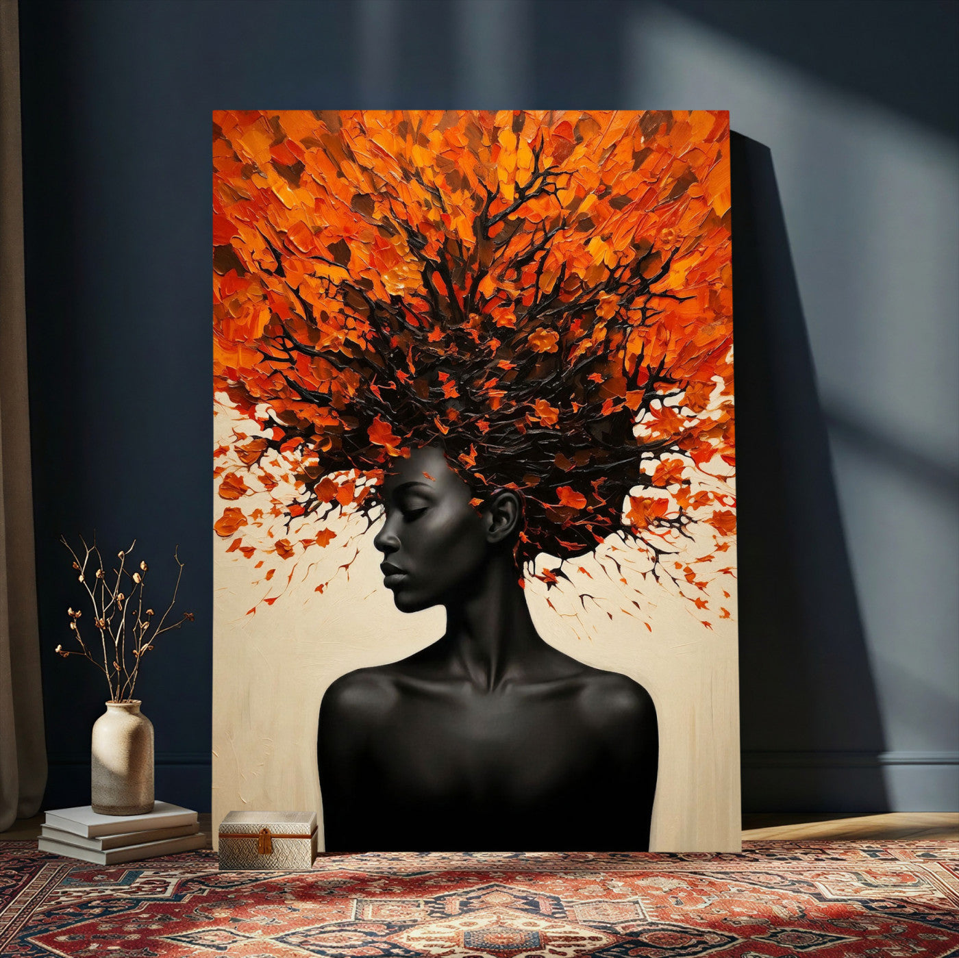 99995103-MGV-CV-24X36 - Black Woman Autumn Tree Canvas Wall Art Surreal African Portrait Painting Print