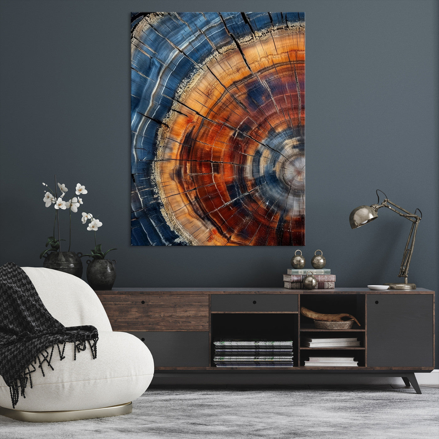 38379387-MGV-CV-36X24-Tree Rings Wall Art Canvas Print – Blue Wood Grain Rustic Texture Natural Earthy Nature Artwork for Home Office