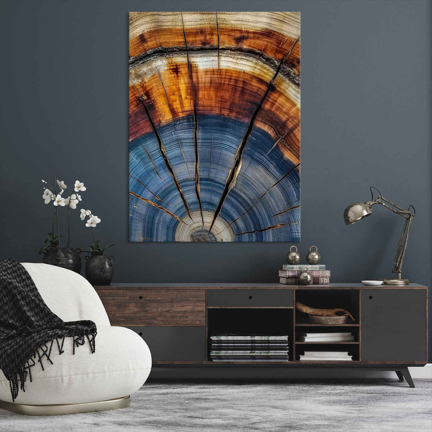 47703729-MGV-CV-36X24-Tree Rings Wall Art Canvas Print – Blue Wood Grain Rustic Natural Earthy Nature Artwork for Home, Office, Living Room