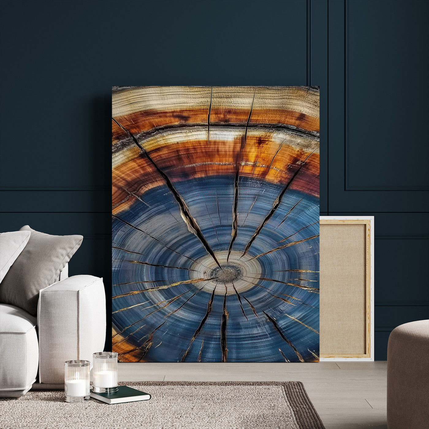 58959380-MGV-CV-24X36-Tree Rings Wall Art Canvas Print – Blue Wood Grain Rustic Pattern Natural Texture Artwork for Modern Home Office