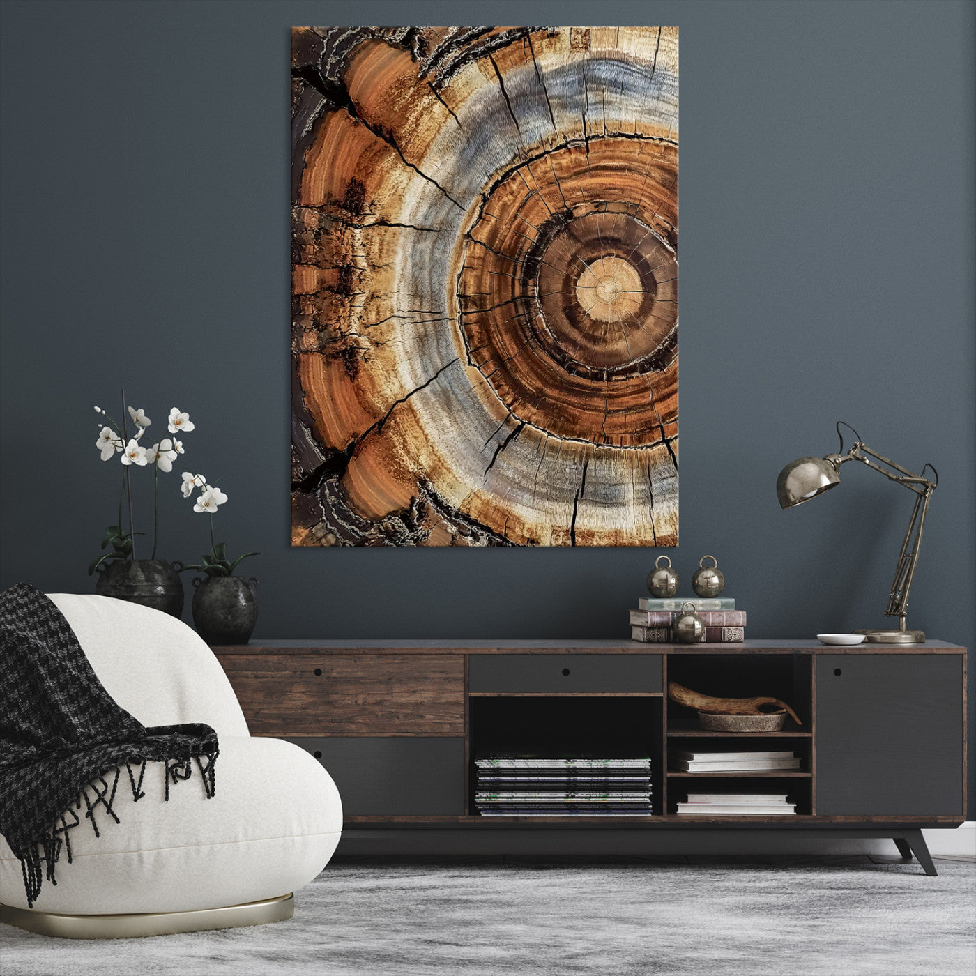 28233914-MGV-CV-36X24-Tree Rings Wall Art Canvas Print – Rustic Wood Grain Pattern Natural Rings Earthy Artwork for Home, Office, Living Room