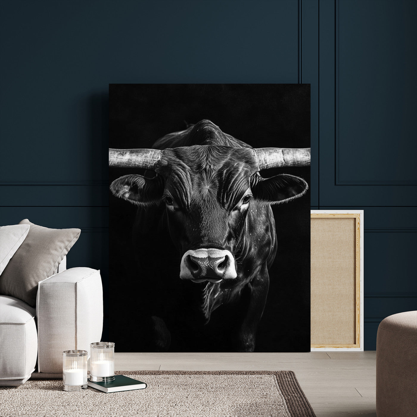 75358747-MGV-CV-24X36-Texas Longhorn Wall Art Canvas Print, Framed Monochrome Bull Art Picture Print, Horned Bull Perfect Minimalist Western Decor Artwork