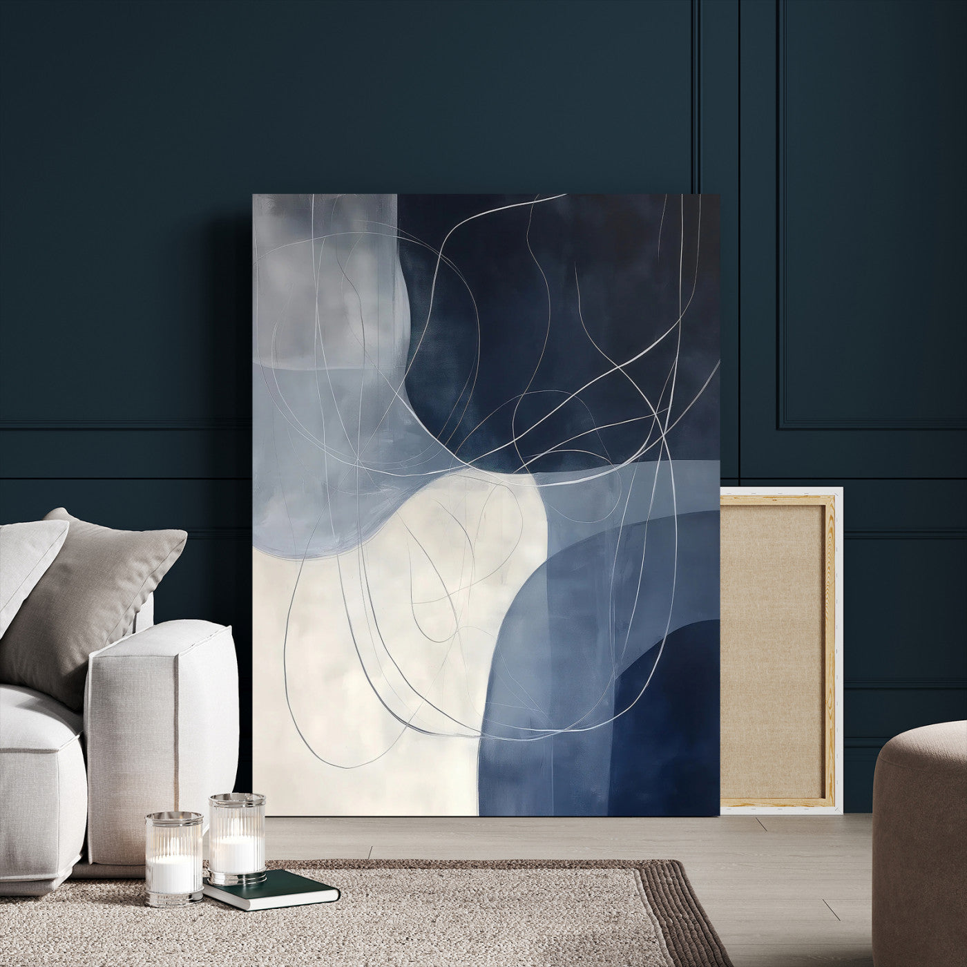 62566633-MGV-CV-24X36-Navy Abstract Wall Art Canvas Print – Framed Minimal Lineart Shapes Modern Geometric Minimalist Artwork for Home Office