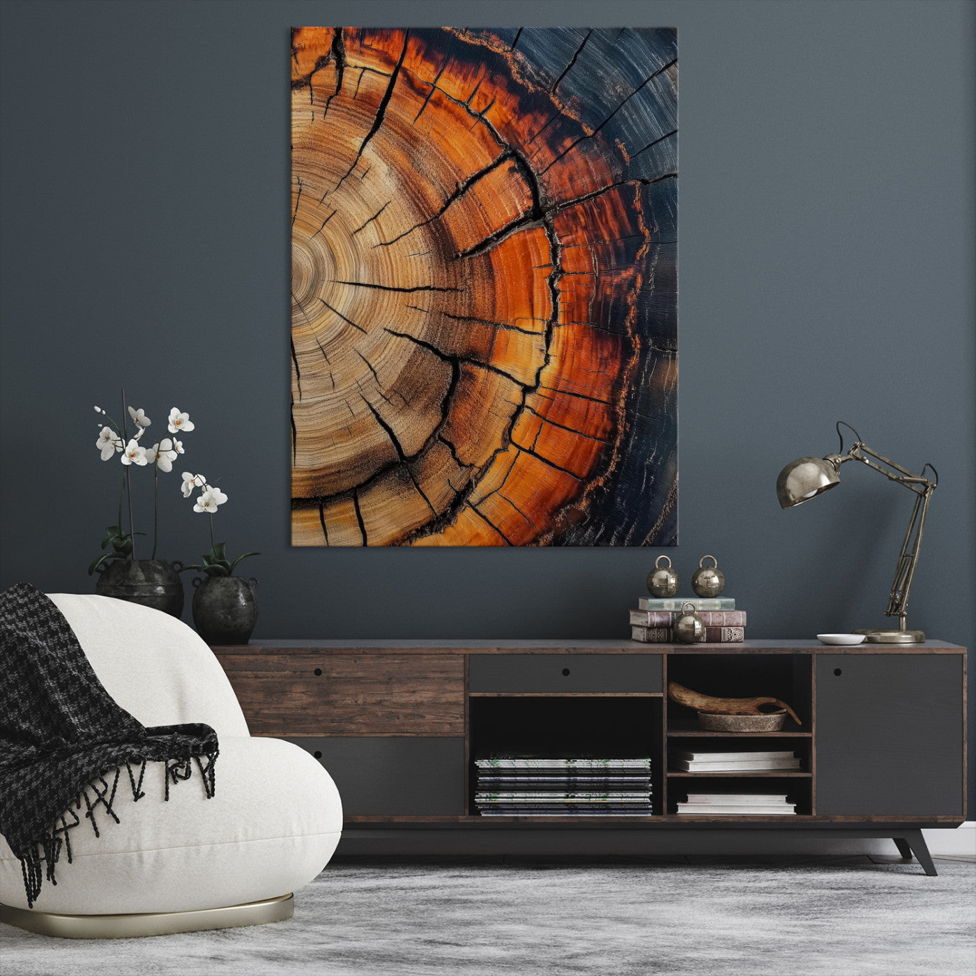 12078265-MGV-CV-36X24-Tree Rings Wall Art Canvas Print – Framed Burnt Wood Rustic Nature Growth Rings Organic Artwork for Home Office