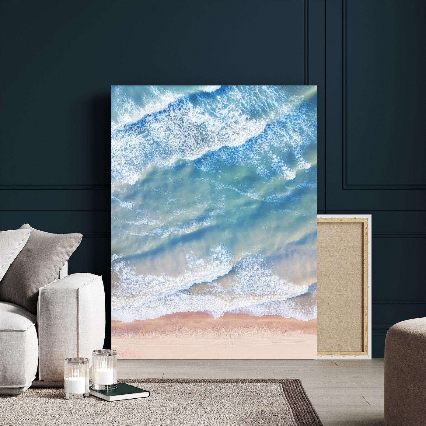 -Aerial Ocean View Wall Art Canvas Print, Framed Soft Blue Waves Art Picture Print, Sandy Shoreline Perfect Modern Coastal Decor Artwork