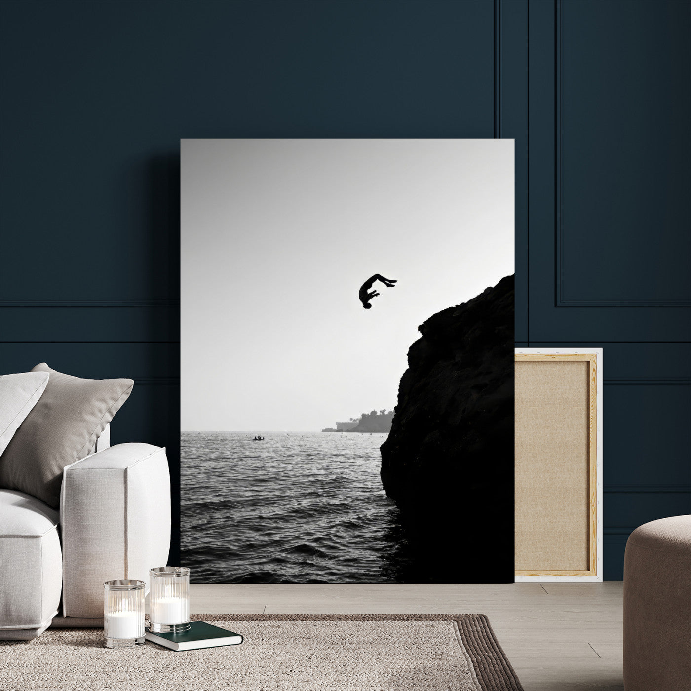 99497106-MGV-CV-24X36-Cliff Jumping Silhouette Wall Art Canvas Print – Framed Black White Ocean Monochrome Adventure Artwork for Home Office