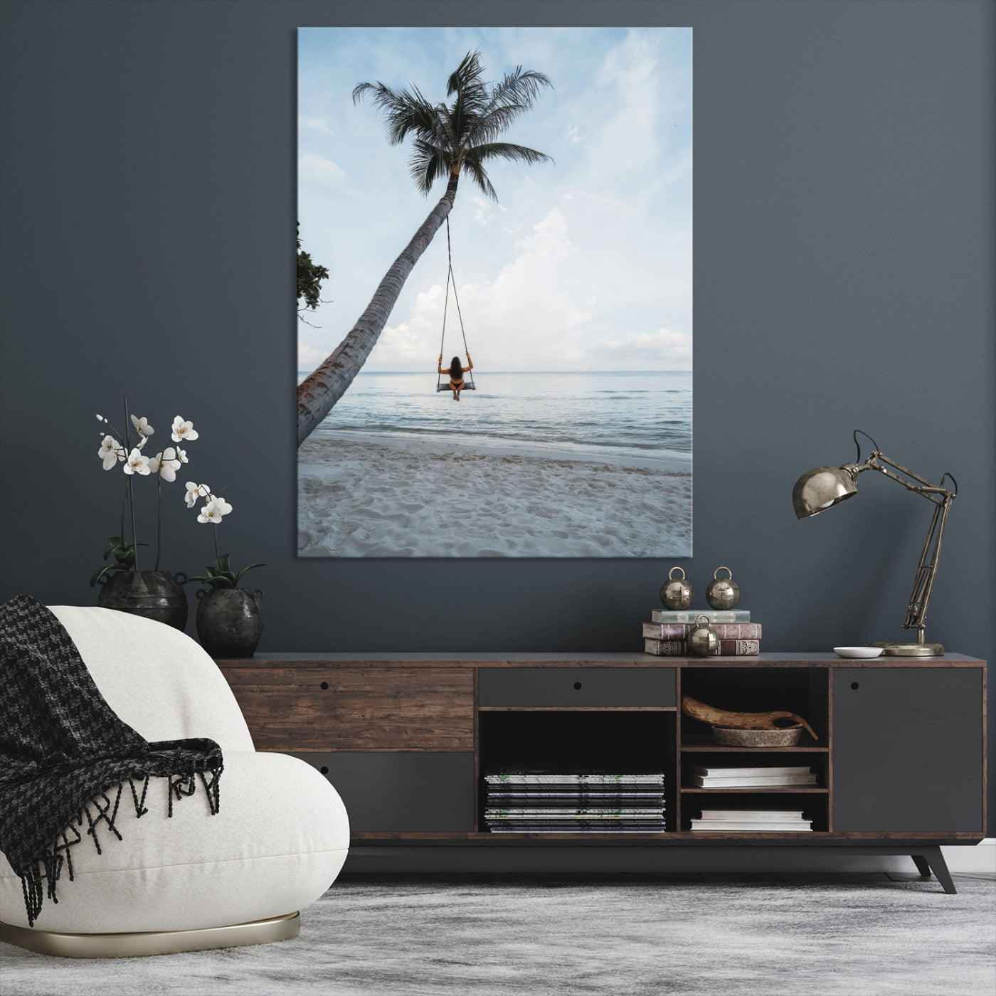 86062249-MGV-CV-36X24-Tropical Swing Wall Art Canvas Print – Palm Trees Ocean View Relaxing Beach Minimalist Coastal Decor Artwork