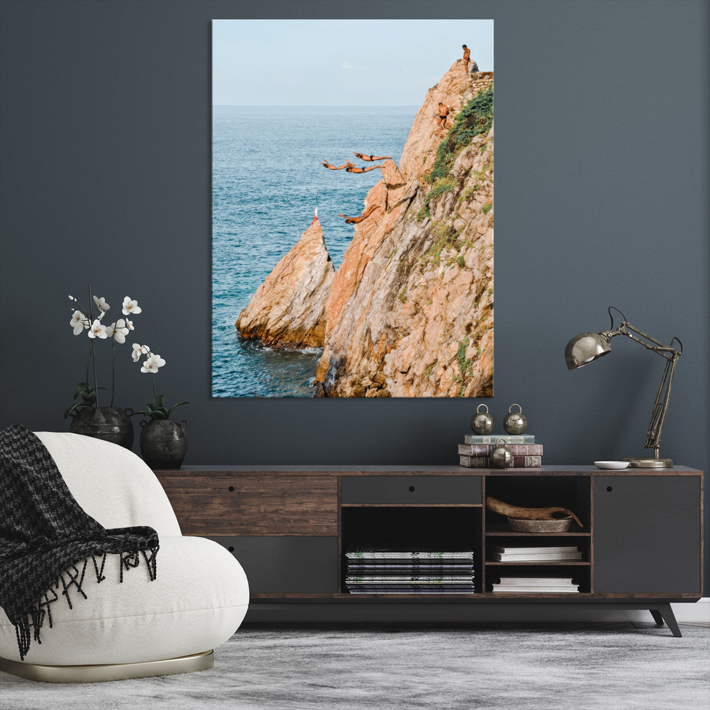 -Cliff Divers Wall Art Canvas Print, Framed Oceanfront Art Picture Print, Coastal Perfect Adventurous
