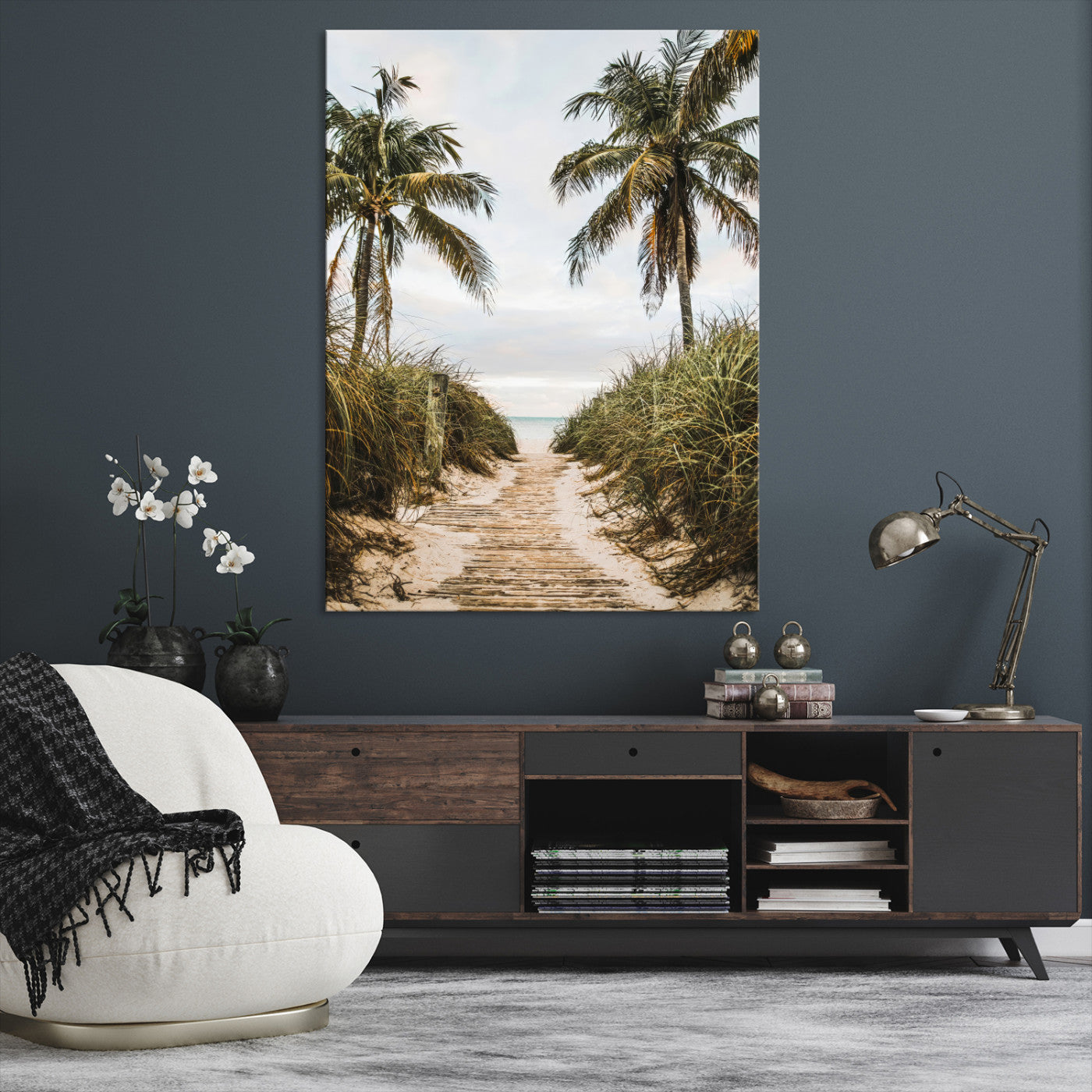 47319550-MGV-CV-36X24-Tropical Beach Wall Art Canvas Print – Framed Coastal Palm Tree Scene with Rustic Sand Ocean Artwork for Home, Office