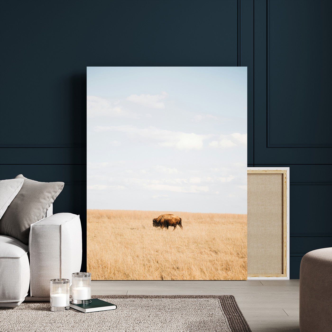 96766166-MGV-CV-24X36-Minimalist Nature Wall Art Canvas Print – Framed Bison Grassland Open Field Nature Scene Artwork for Home Office