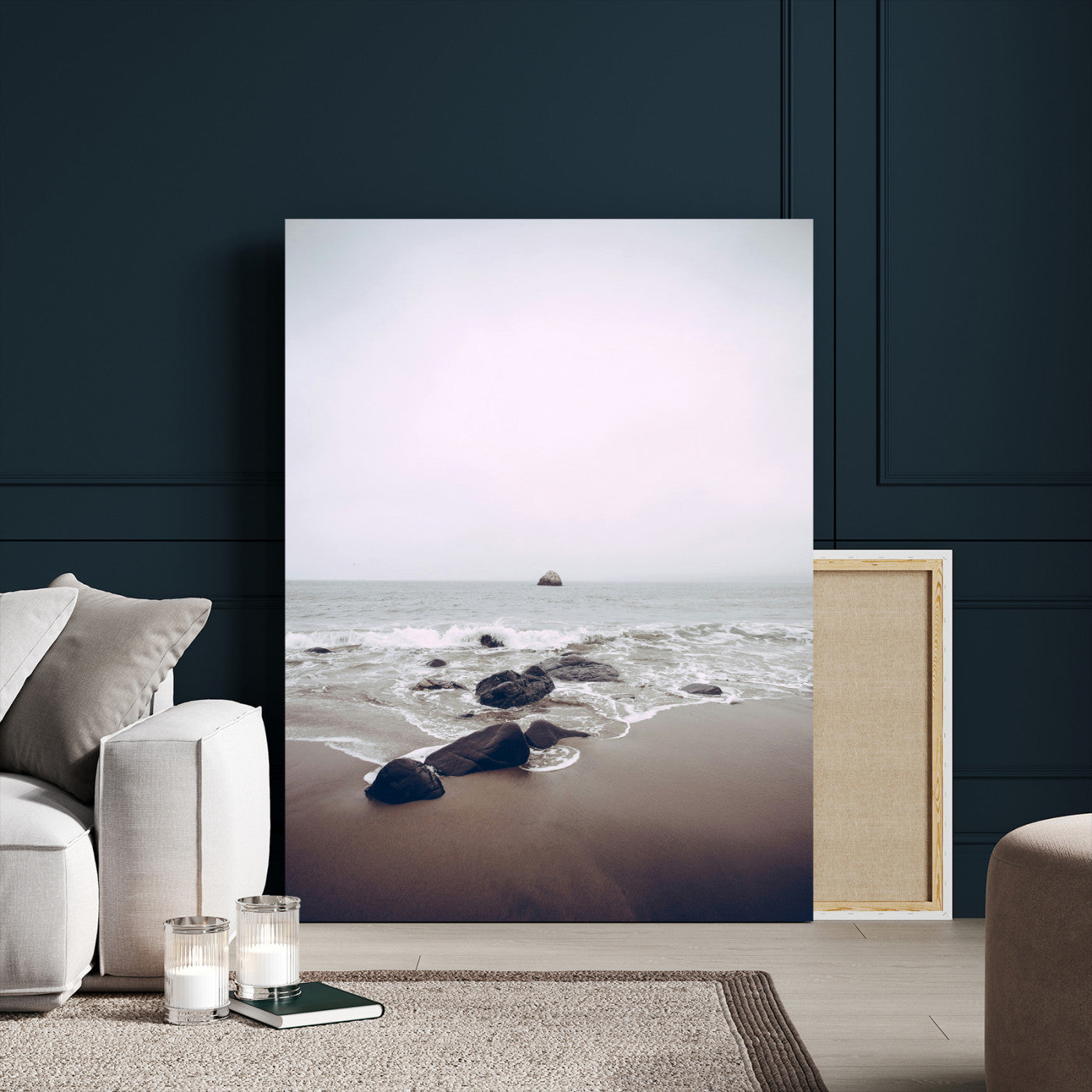 38272740-MGV-CV-24X36-Moody Seascape Wall Art Canvas Print – Framed Neutral Foggy Ocean Beach Nature Scene Artwork for Home Office