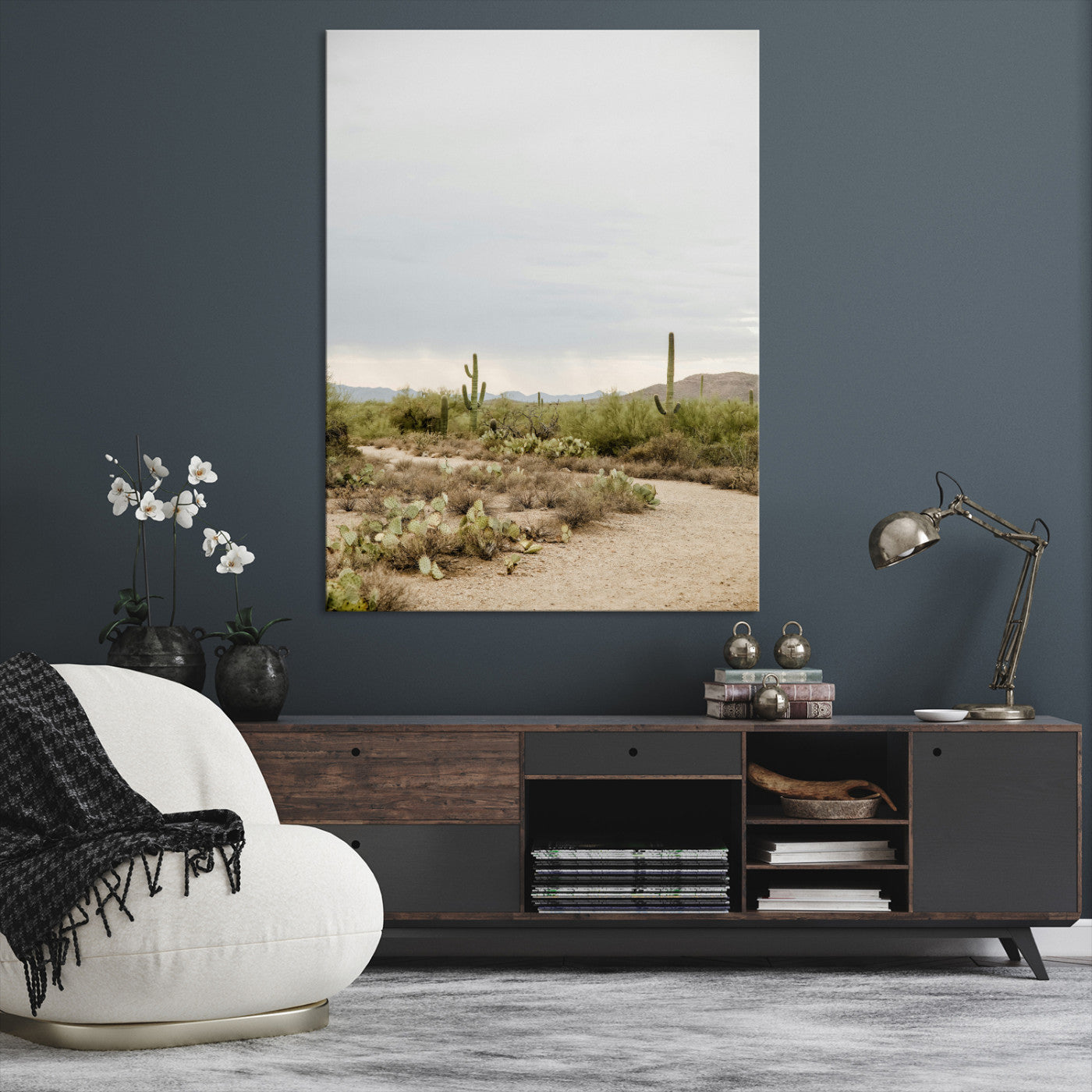 55042528-MGV-CV-24X36-Desert Landscape Wall Art Canvas Print – Cacti and Shrubs Pathway Natural Southwestern Scene Framed Artwork for Home Office