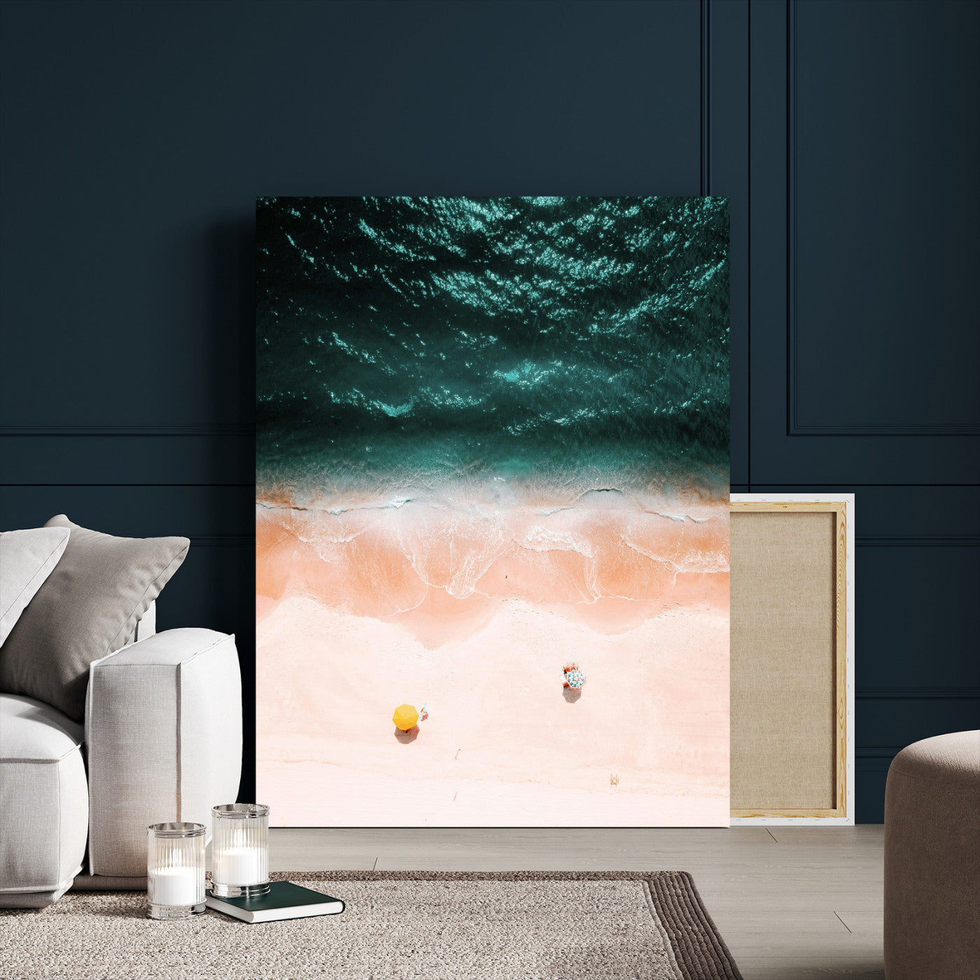 44468317-MGV-CV-24X36-Aerial Serenity Wall Art Canvas Print – Gentle Waves Peach Shore Yellow Umbrella Peaceful Beach Coastal Decor Artwork for Home