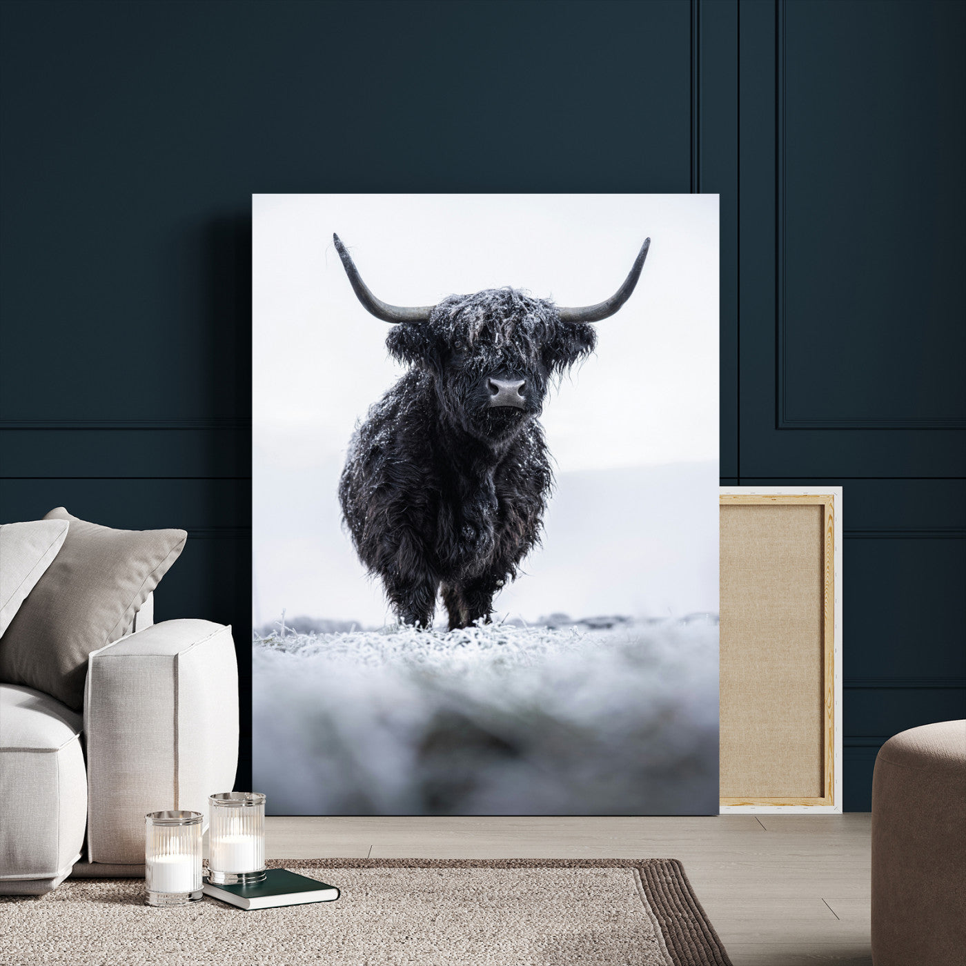 30552403-MGV-CV-24X36-Frosty Black Highland Wall Art Canvas Print, Framed Moody Winter Aesthetic Art Picture Print, Scottish Highlands Perfect Modern Rustic Decor Artwork