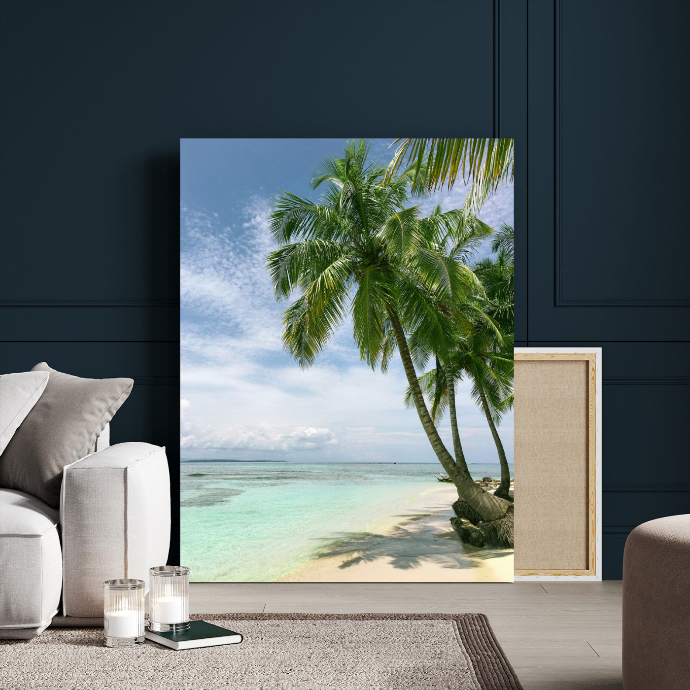 80489589-MGV-CV-24X36-Tropical Beach Palm Trees Canvas Print – Framed Island Coastal Wall Art Bright Ocean Horizon Photography for Home, Office