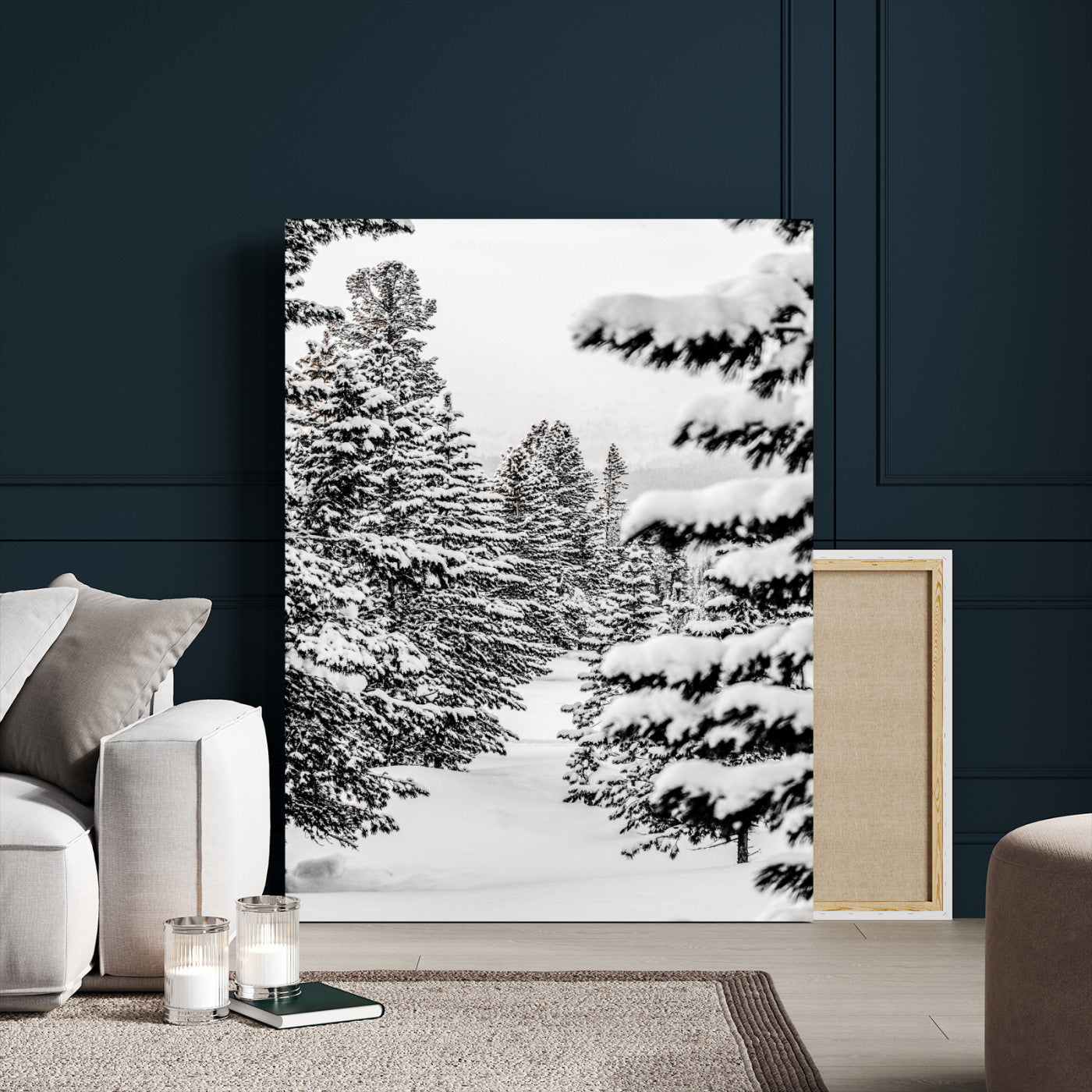 42534505-MGV-CV-24X36 - Snowy Pine Forest Wall Art Canvas Print, Minimal Winter Woodland Landscape, Black and White Nature Artwork