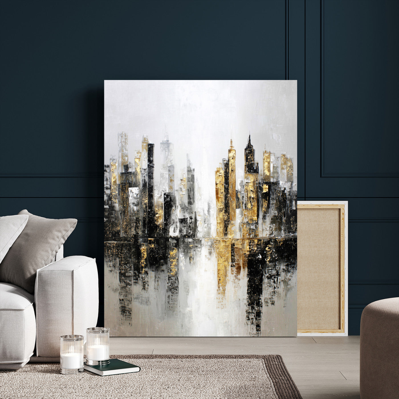 38126217-MGV-CV-24X36 - Abstract Urban Reflection Wall Art Canvas Print, Gold Black Modern Architecture Canvas Print, Contemporary Moody City Artwork for Living Room Decor