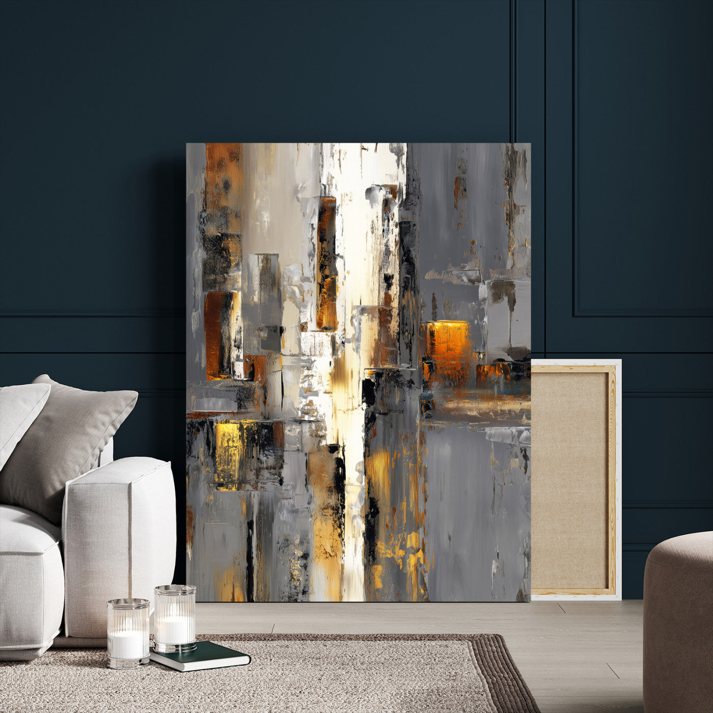 35992080-MGV-CV-24X36 - Abstract Urban Reflection Wall Art Canvas Print, Gold Black Modern Architecture Canvas Print, Contemporary Moody City Artwork for Living Room Decor