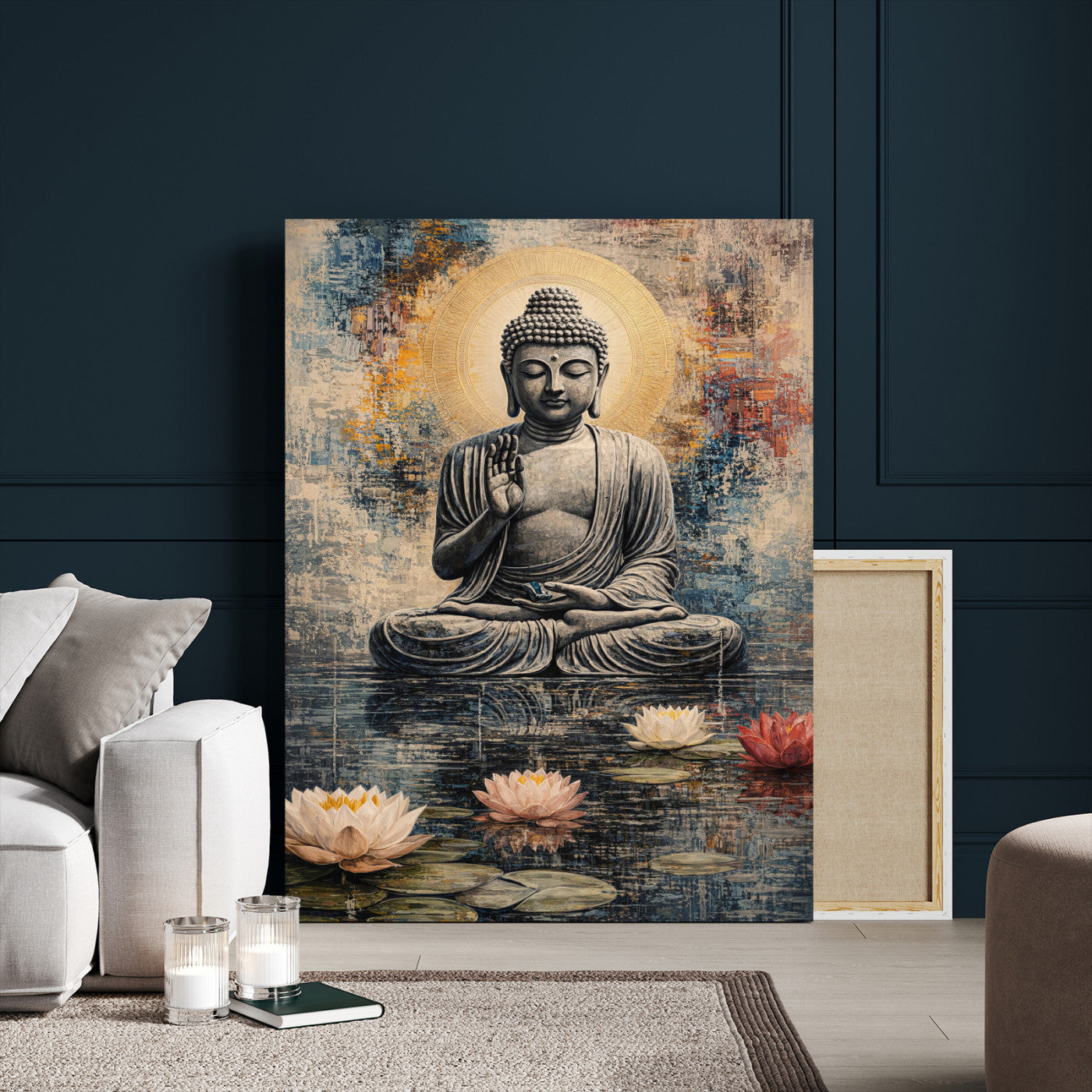 3812625445543-MGV-CV-24X36 - Serene Buddha with Lotus Flowers | Tranquil Meditation Art | Zen Wall Decor for Mindful Living Spaces | Spiritual Canvas Print