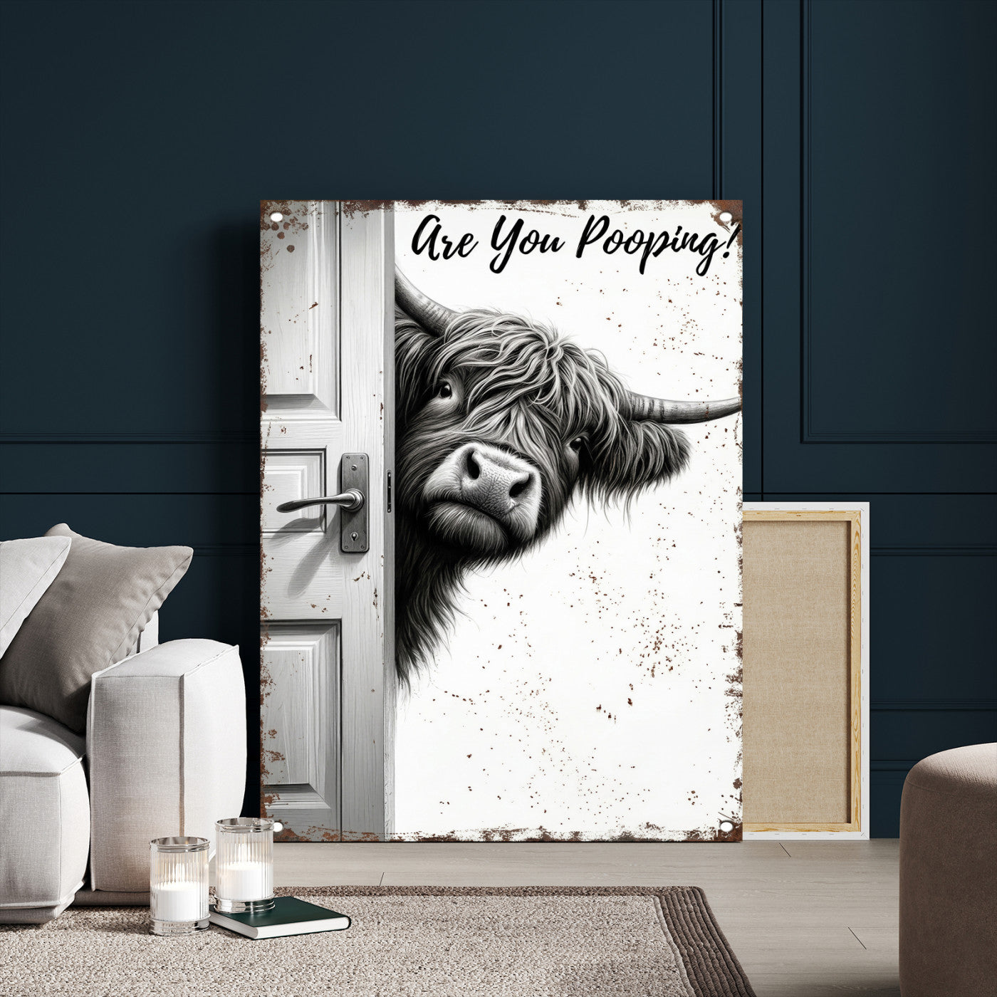 8151788G6-MGV-CV-24X36 - Funny Highland Cow Bathroom Wall Art Canvas Print, Are You Pooping Cow Sign, Rustic Farmhouse Bathroom Decor