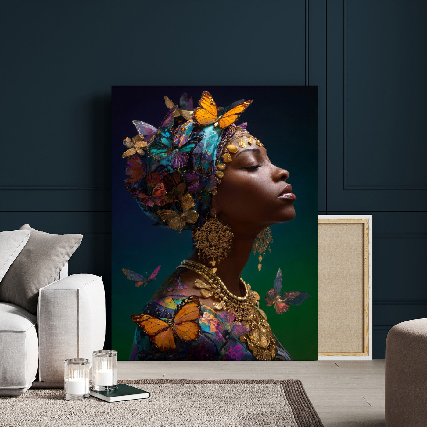 620930SZC0-MGV-CV-24X36 - Butterfly Crown Gold Woman Portrait — Monarch Queen Canvas Print | Teal Dark Fantasy Art | Boho Bedroom Wall Decor | Empowerment Gift Her
