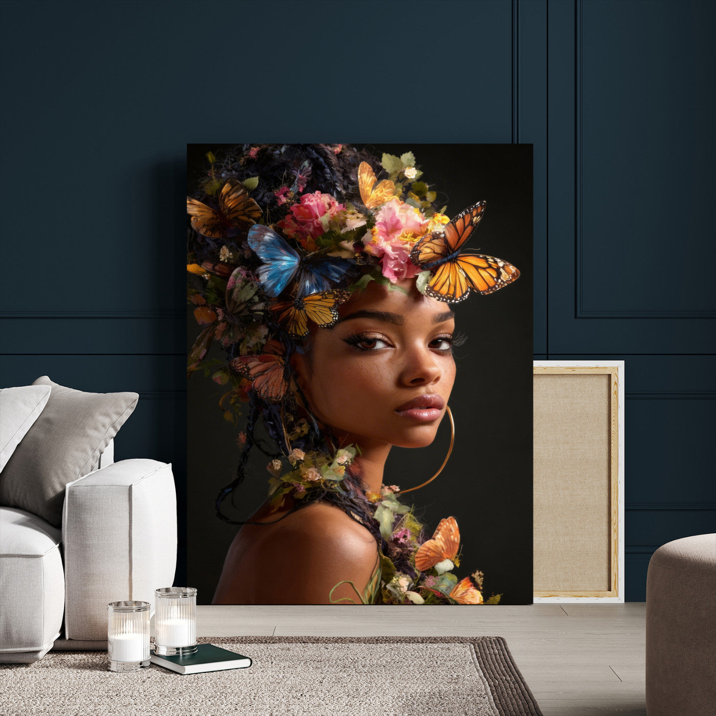 620930SZC10-MGV-CV-24X36 - Butterfly Crown Gold Woman Portrait — Monarch Queen Canvas Print | Teal Dark Fantasy Art | Boho Bedroom Wall Decor | Empowerment Gift Her