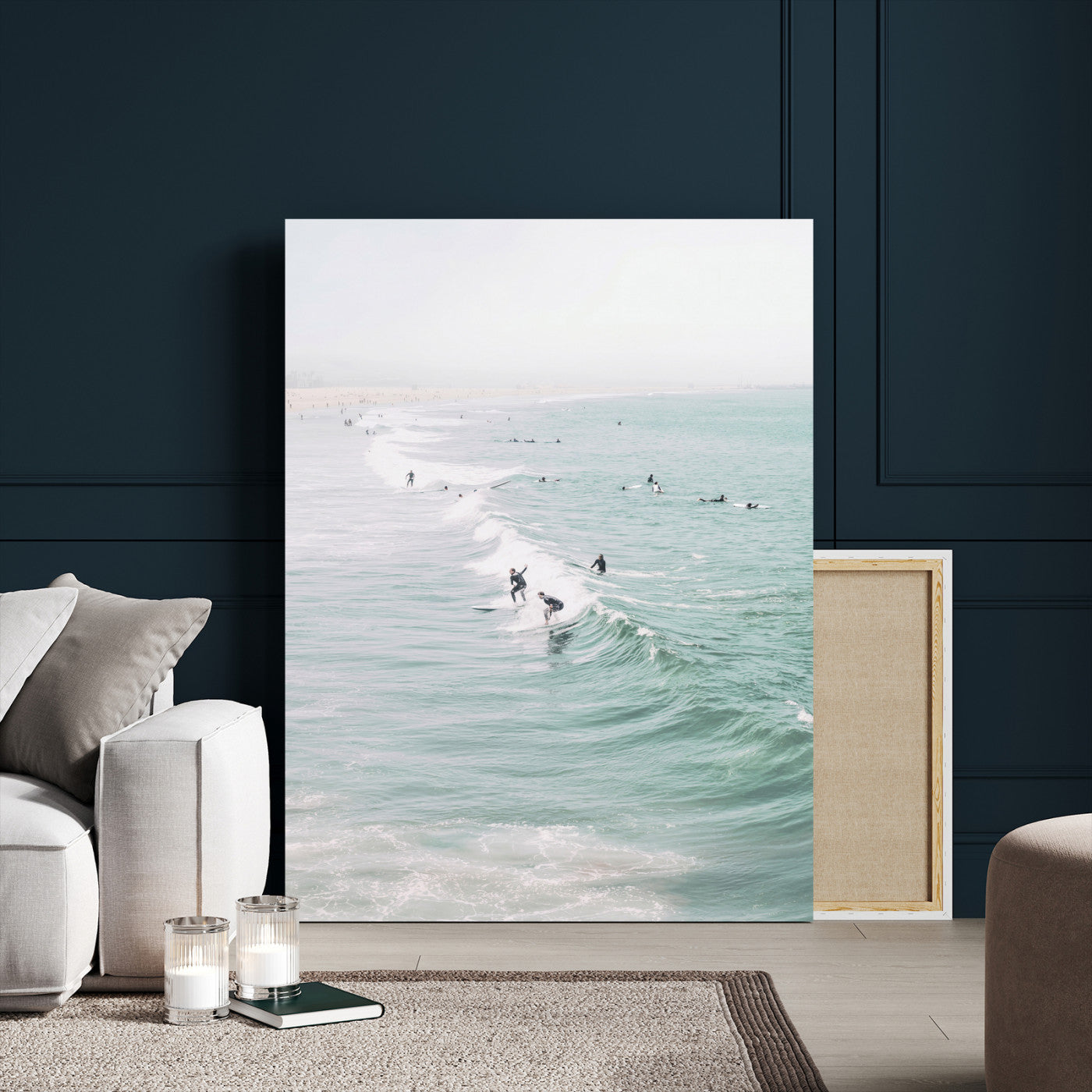 58043762-MGV-CV-24X36 - Surfers on Waves Canvas Wall Art, Aerial Ocean Photography Print, Mint Green Surf Decor, California Beach House Art, Coastal Sports Wall Decor