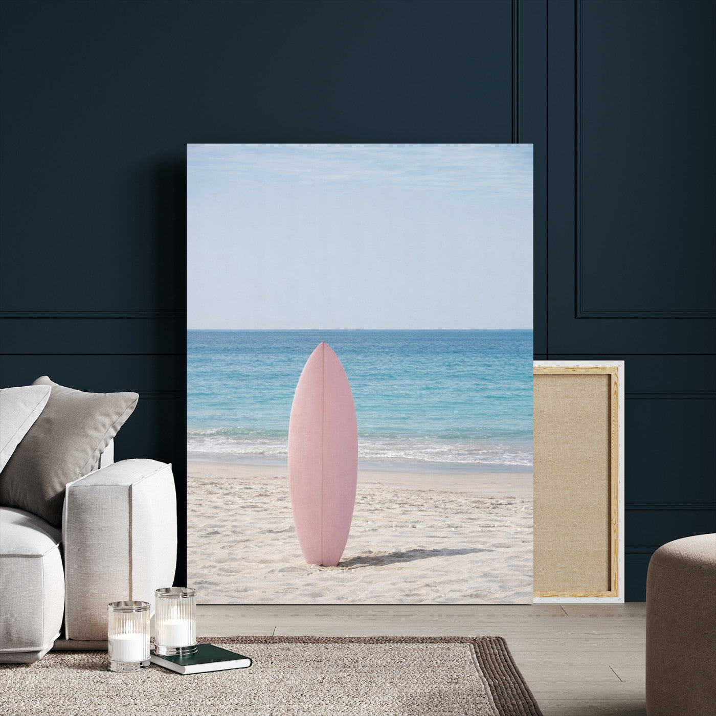 17265103-MGV-CV-24X36 - Pink Surfboard Canvas Wall Art, Minimalist Beach Photography Print, Pastel Ocean Coastal Decor, Girl Beach Room Art, Aesthetic Summer Wall Print